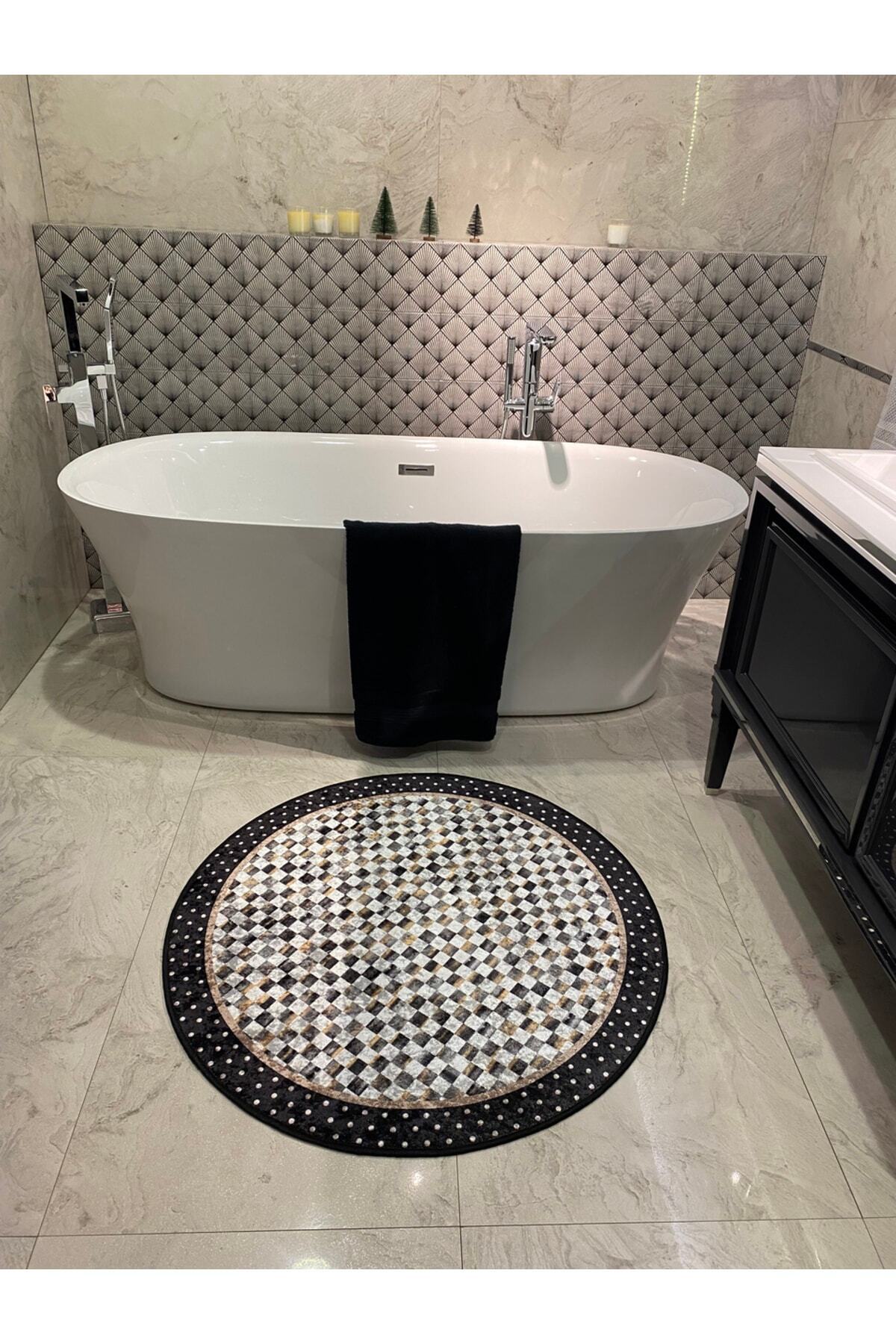Robert Mavi Dama Desen Saçaksız Yuvarlak Banyo Paspası - Mavi Ebat 100x100