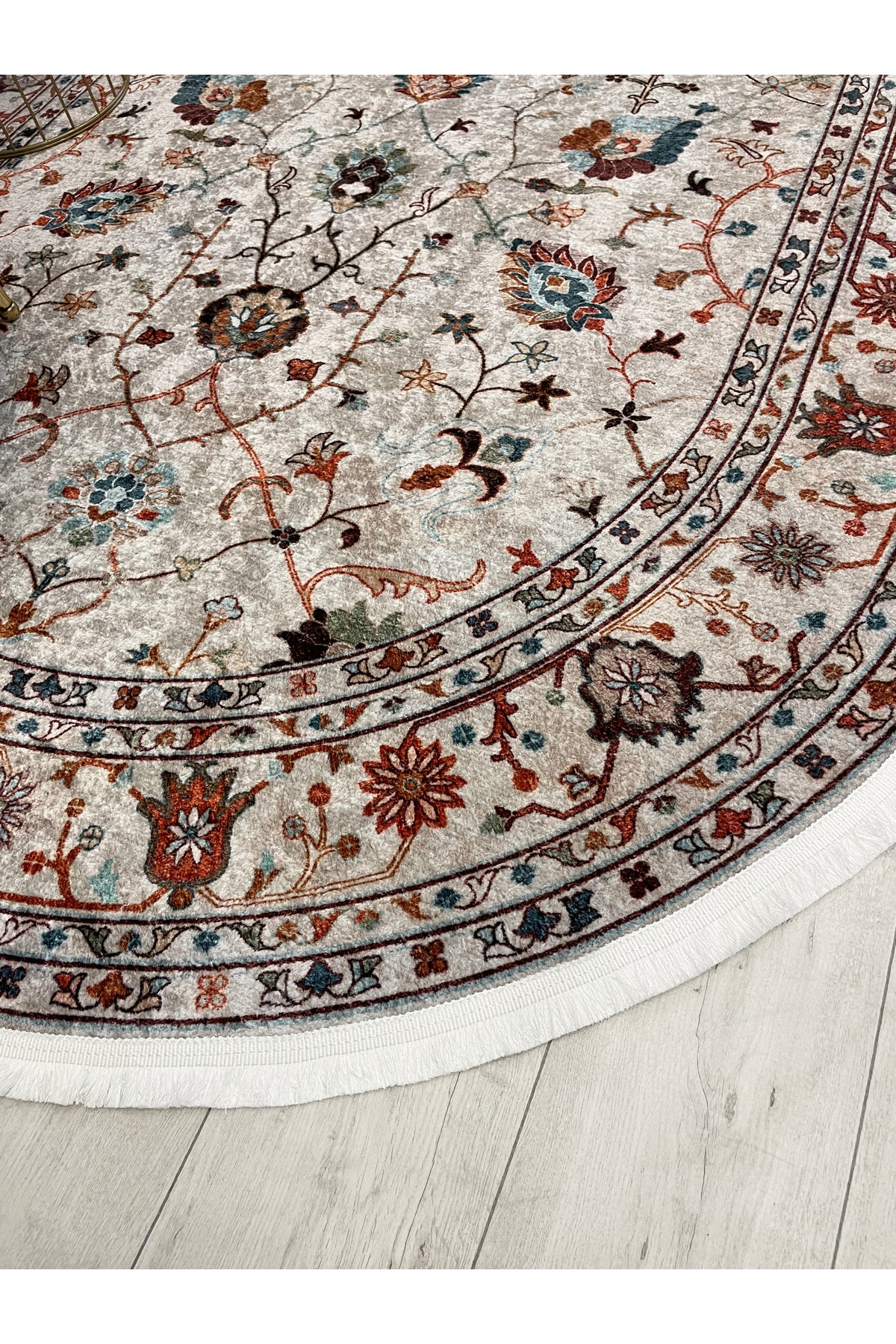 Gri Renk Vintage Çiçekli Oval Lateks Kaymaz Taban Halı