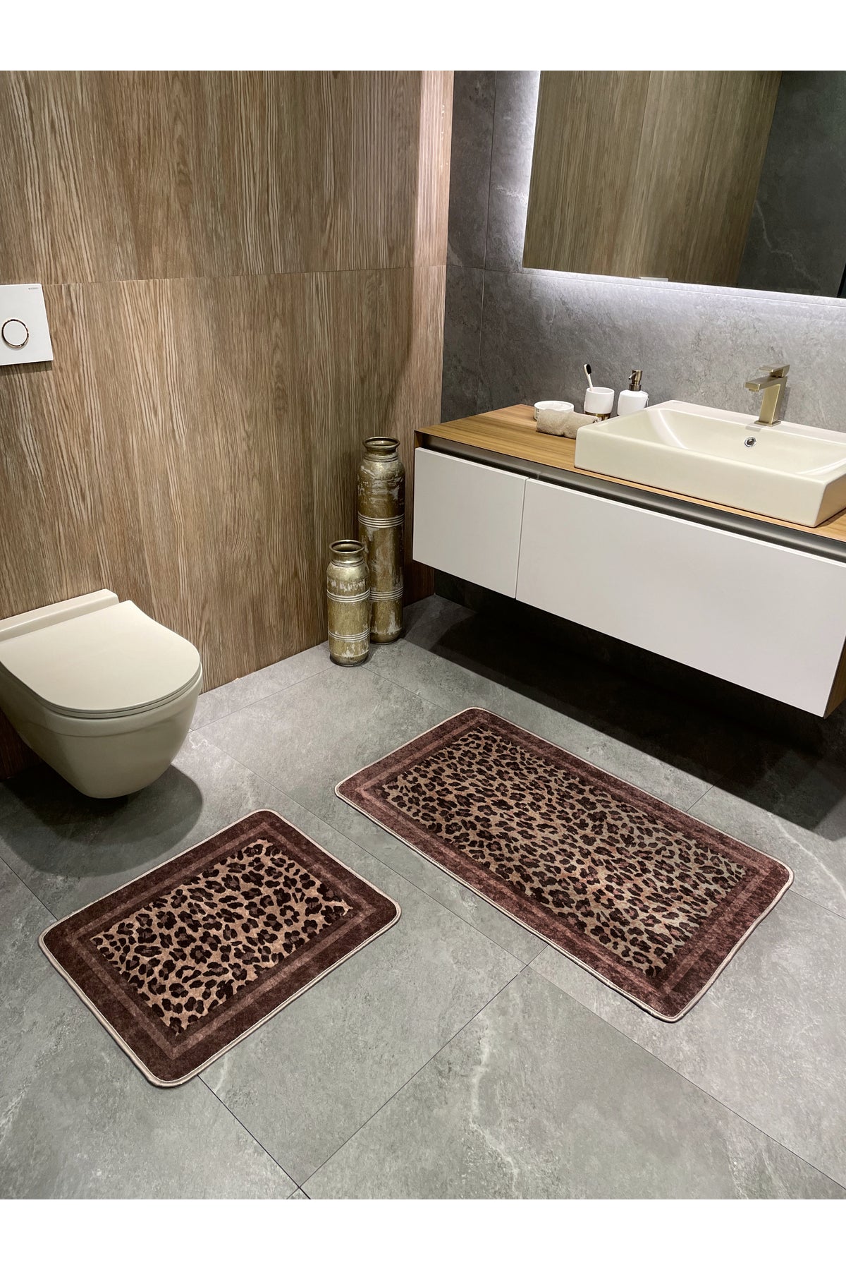 Lepoar Desenli 2 li Deri Taban Banyo Paspas (60x100 - 60x50)