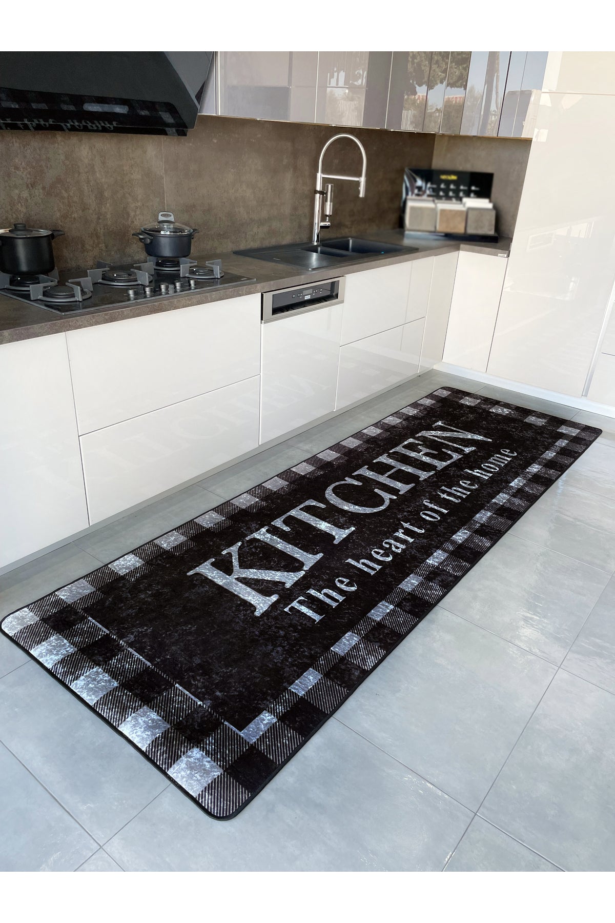 Bej Siyah Kitchen Lateks Deri Taban Mutfak Halısı