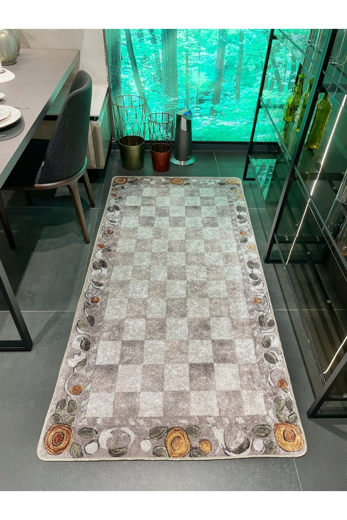 Bej Turuncu Dama Desenli Kaymaz Taban Mutfak Halısı