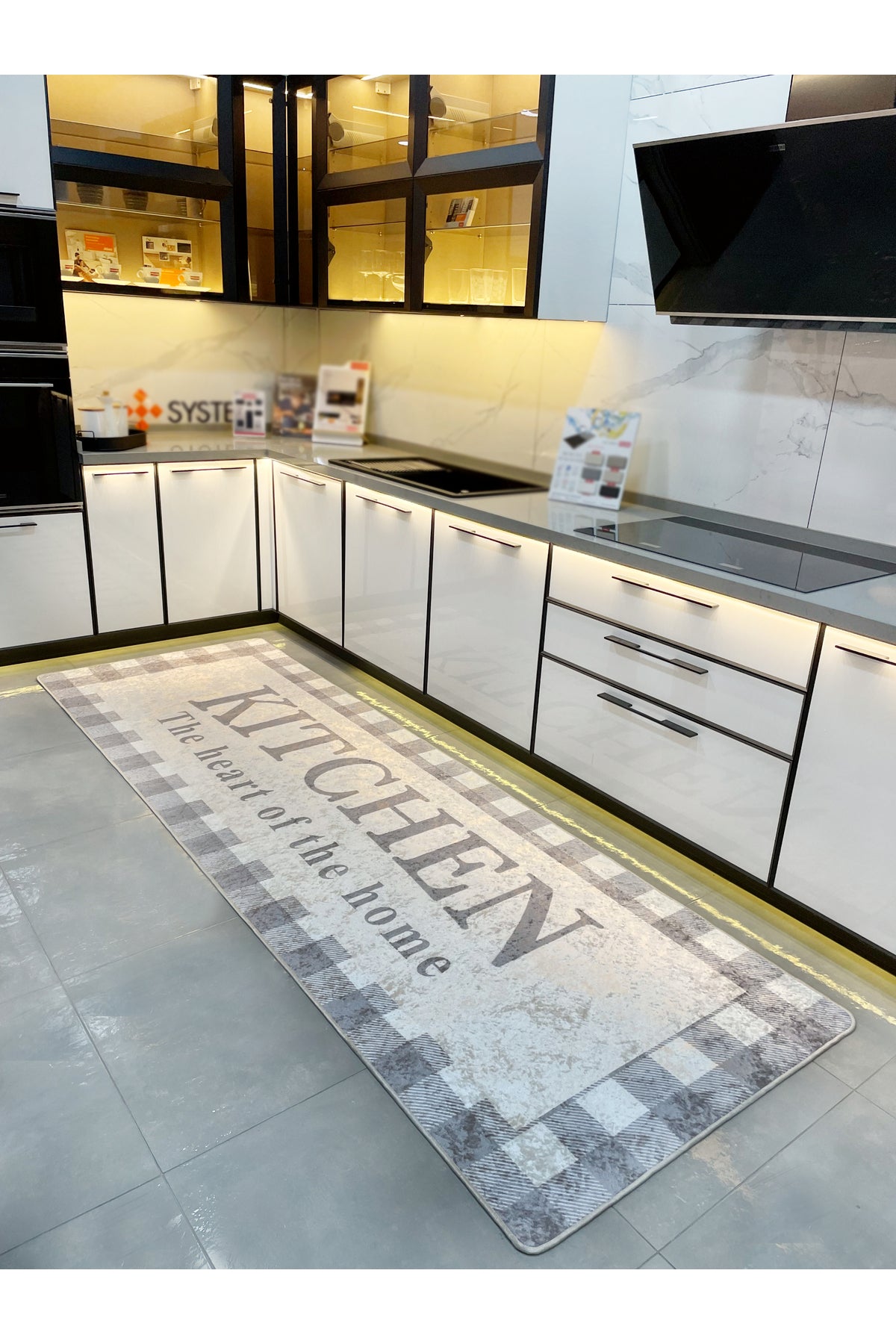 Bej Siyah Kitchen Lateks Deri Taban Mutfak Halısı
