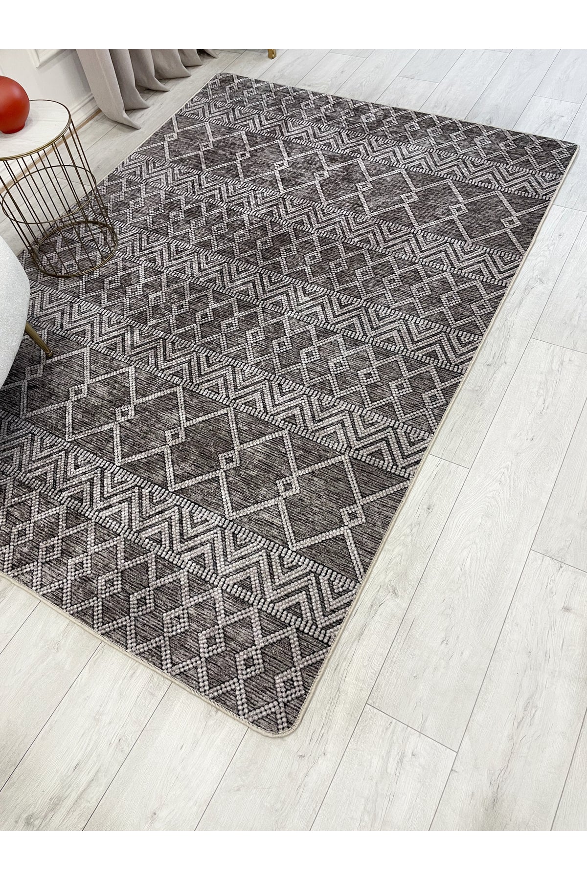 Gri Siyah İskandinav Tarzı Kilim Desenli Yolluk Lateks Halı