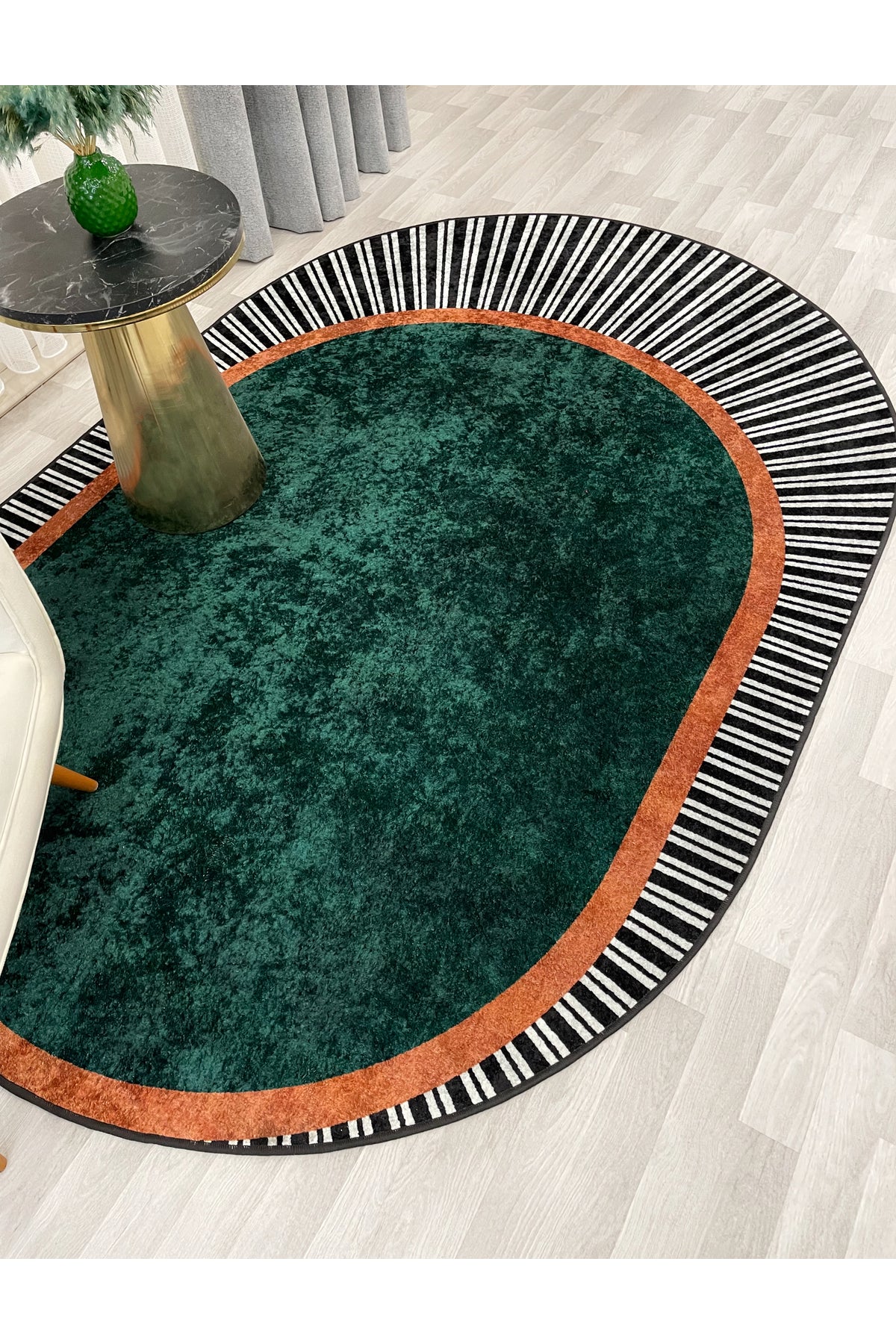 YEŞİL Renk Çizgili Oval Kaymaz Taban Halı