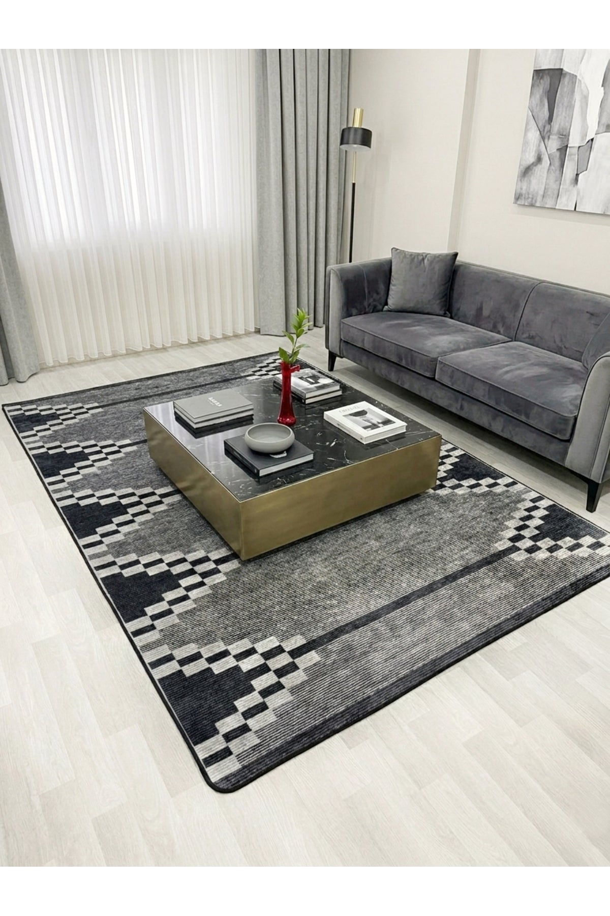 Geometrik Desen Siyah Renk Kaymaz Taban Yolluk - Mutfak Halısı