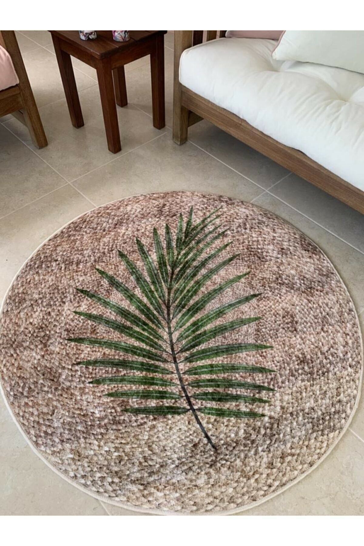 Hasır Jüt Görünümlü Yaprak Motif Lateks Kaymaz Taban Balkon Veteras Yuvarlak Halı