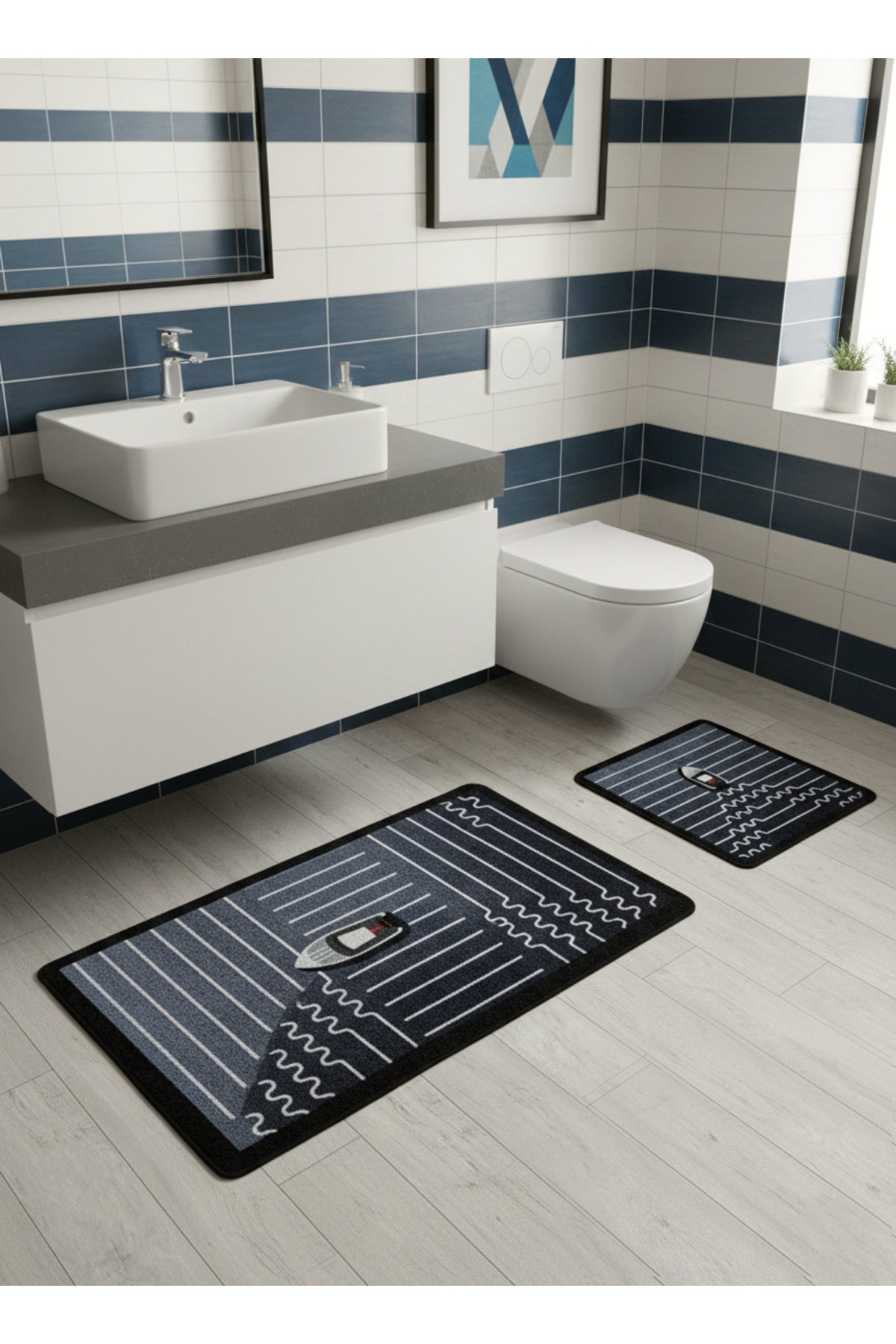 Tekne Desen Çizgi Desenli 2 li Deri Taban Banyo Paspas (70x110 - 70x50)