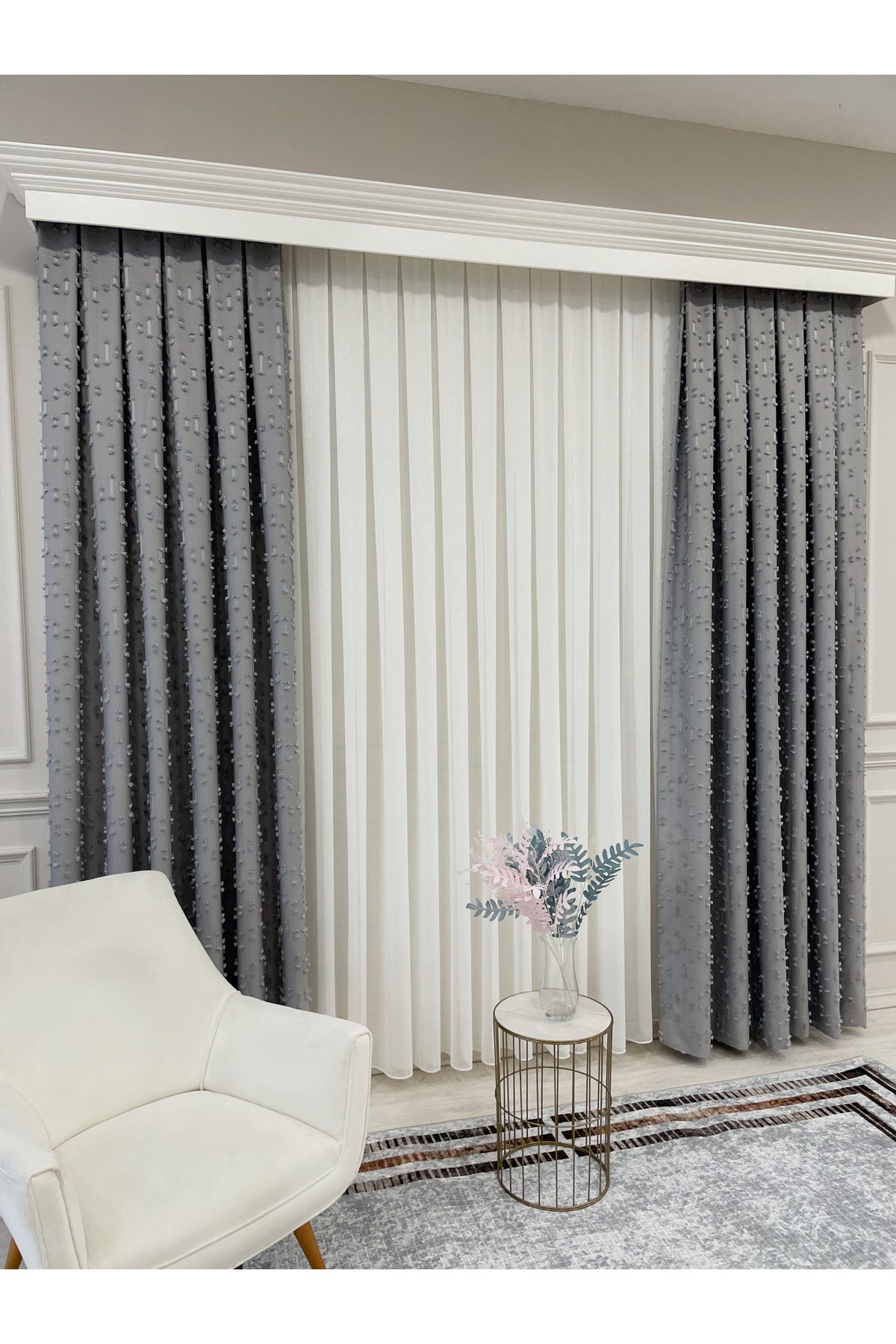 İndigo Mavi Renk Ponponlu Pufy Fon Perde 1/3 SIK Pile