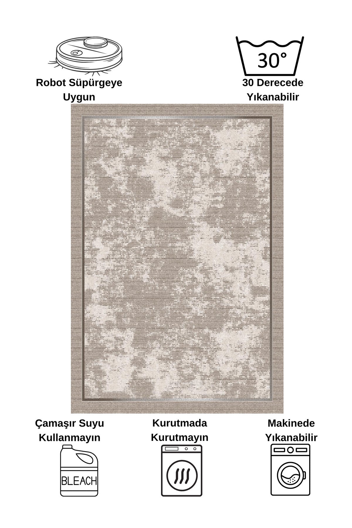 Vizon Kahverengi Geometrik Desen Kaymaz Taban Yolluk Halı