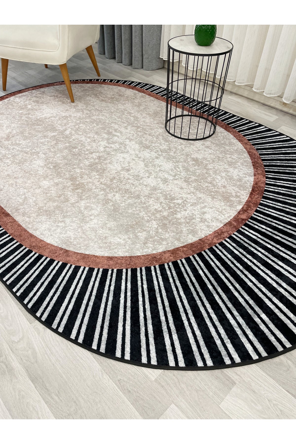 YEŞİL Renk Çizgili Oval Kaymaz Taban Halı
