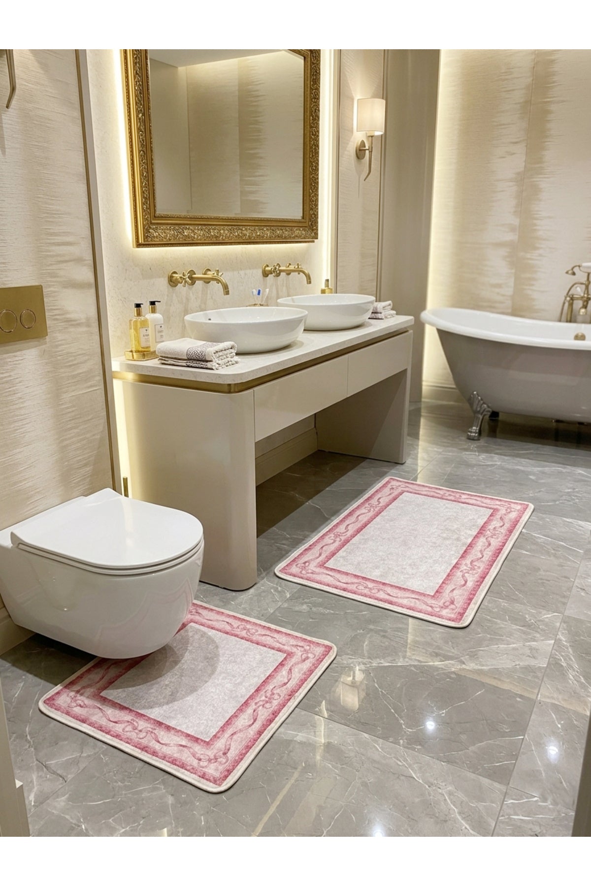 2'li Fiyonklu Bordürlü Lateks Taban Banyo Paspası (60x100-60x50)