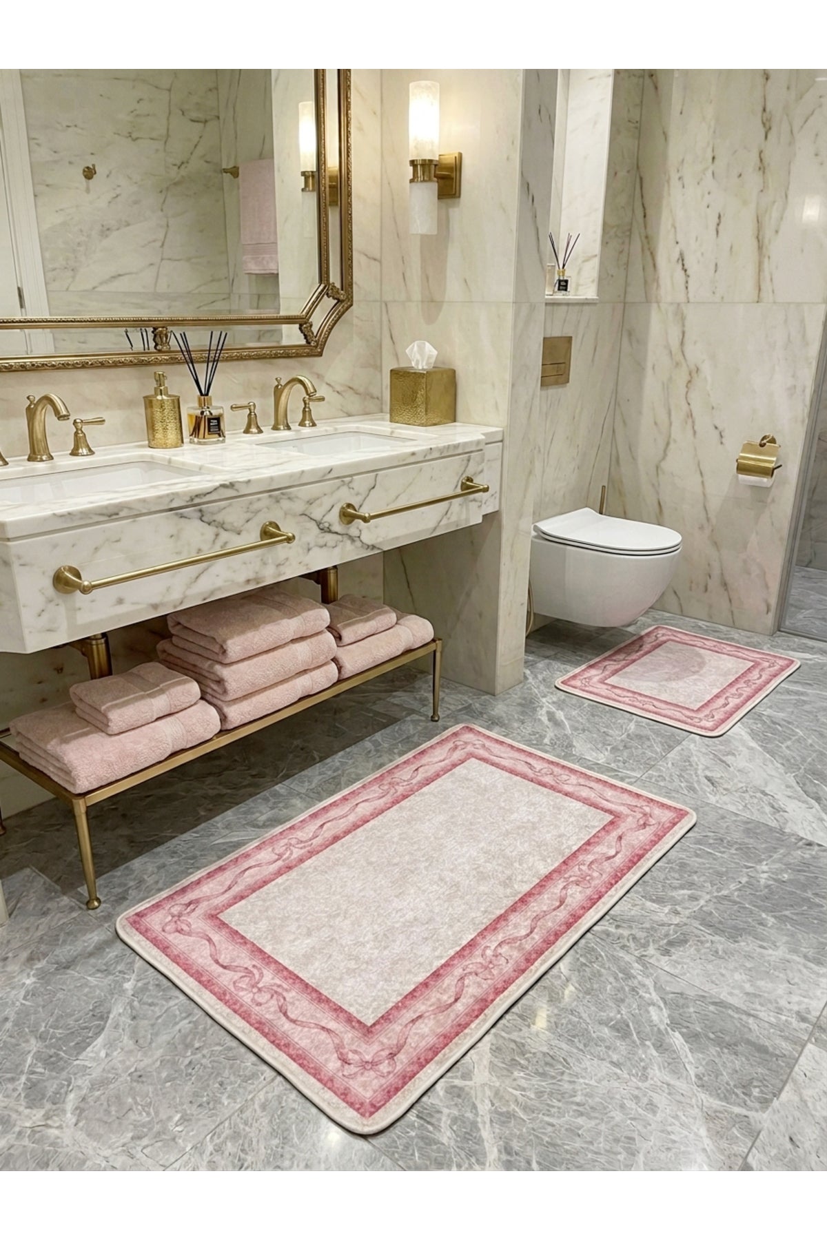 2'li Fiyonklu Bordürlü Lateks Taban Banyo Paspası (60x100-60x50)