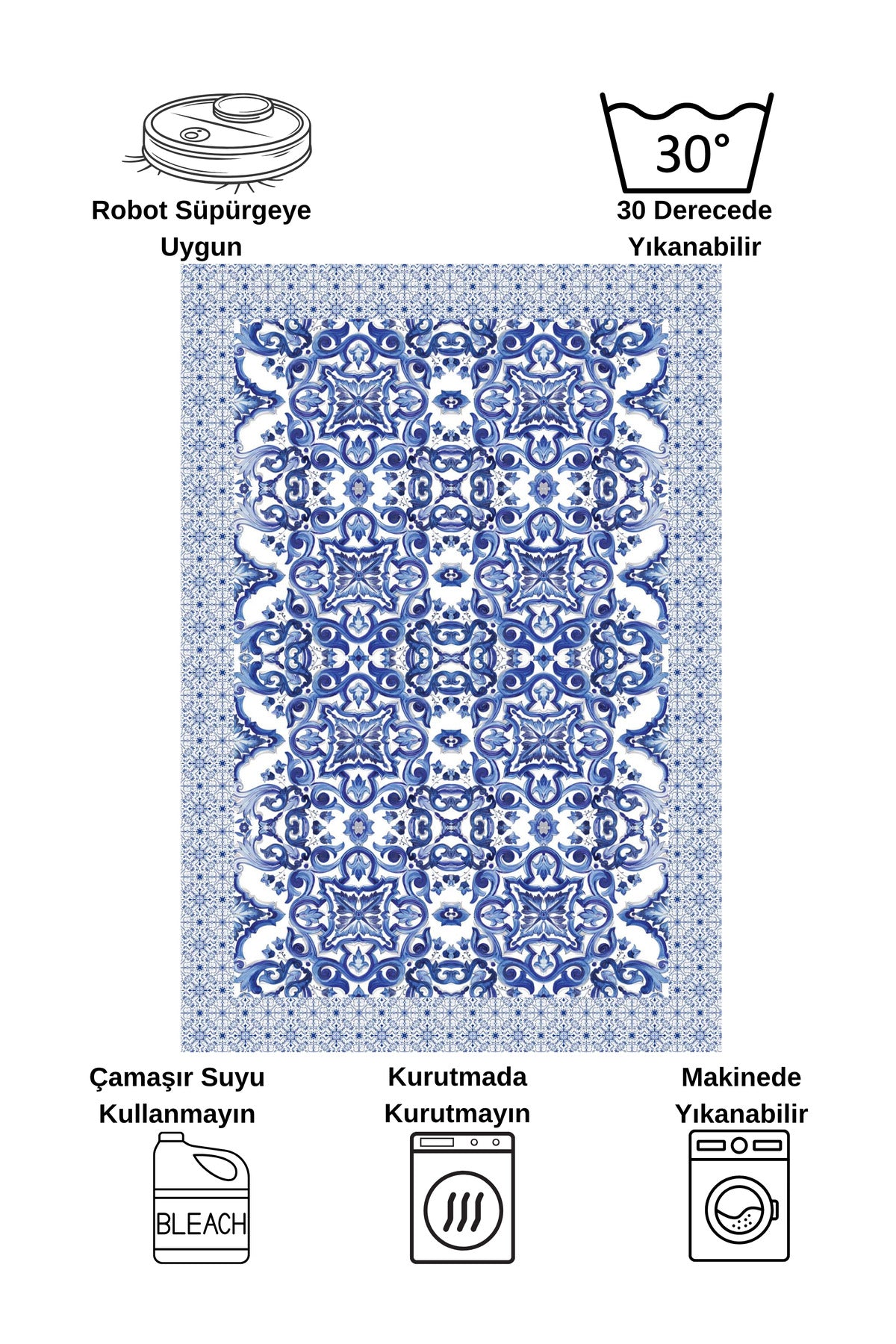 Lacivert-Gri Blue Blanc Modern Lateks Kaymaz Taban Halı