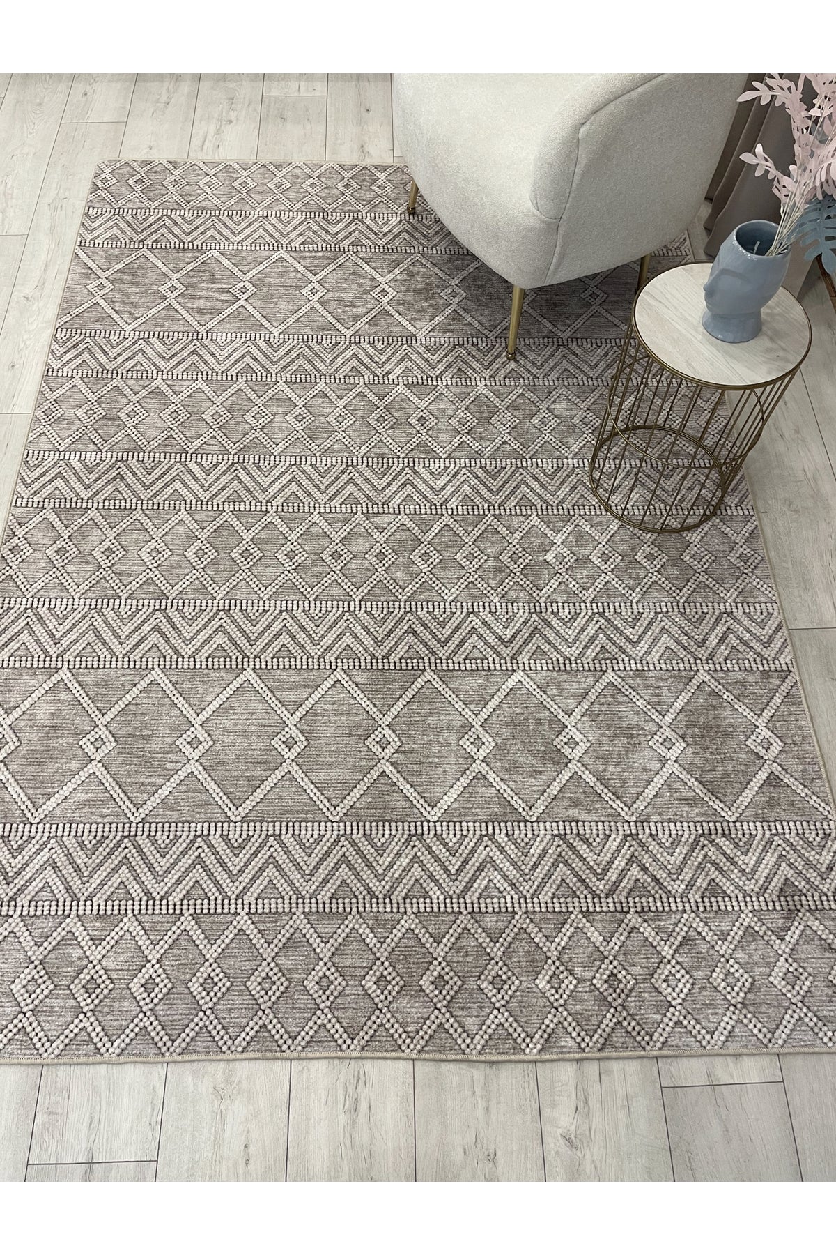 Gri Siyah İskandinav Tarzı Kilim Desenli Yolluk Lateks Halı