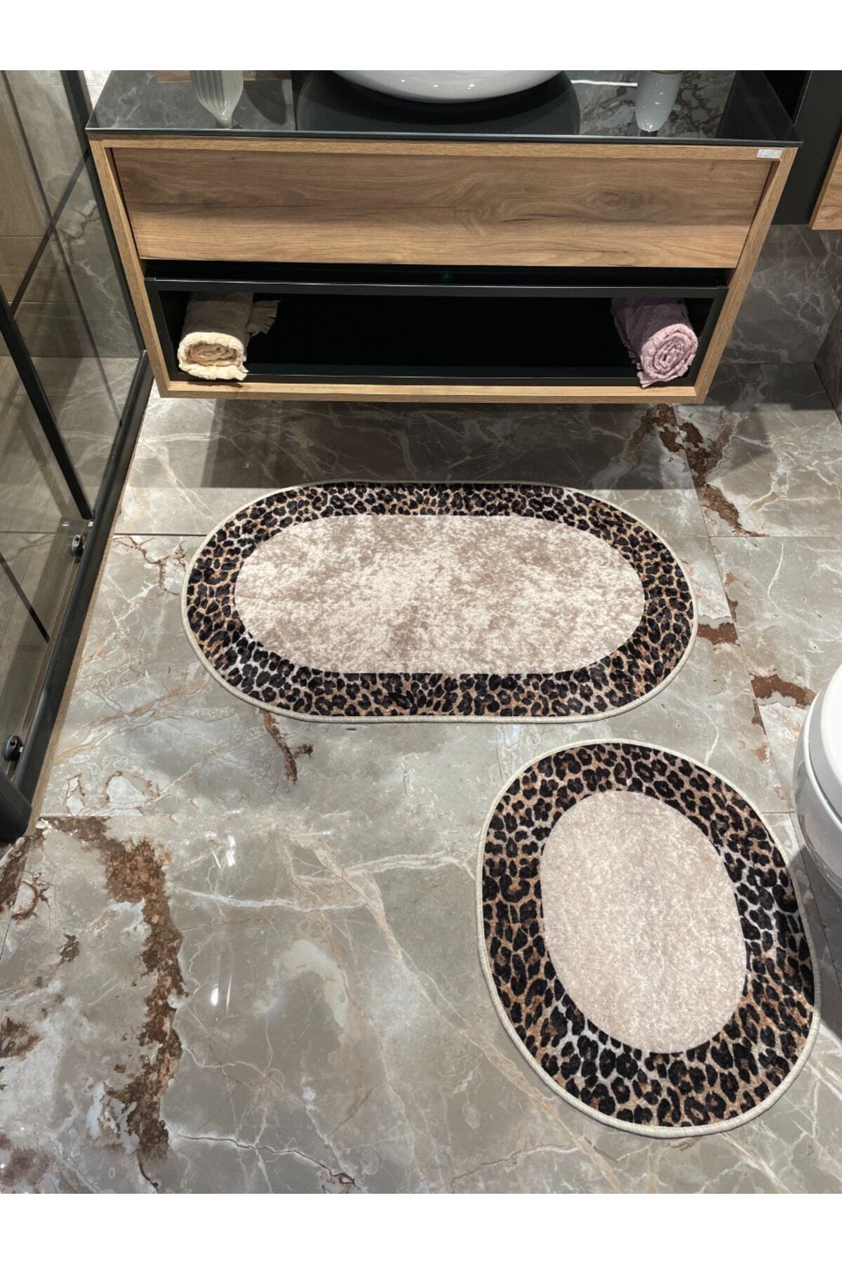 2 'li Leopar Desen Banyo Paspası - Kahverengi Ebat (60X100 - 60X50)