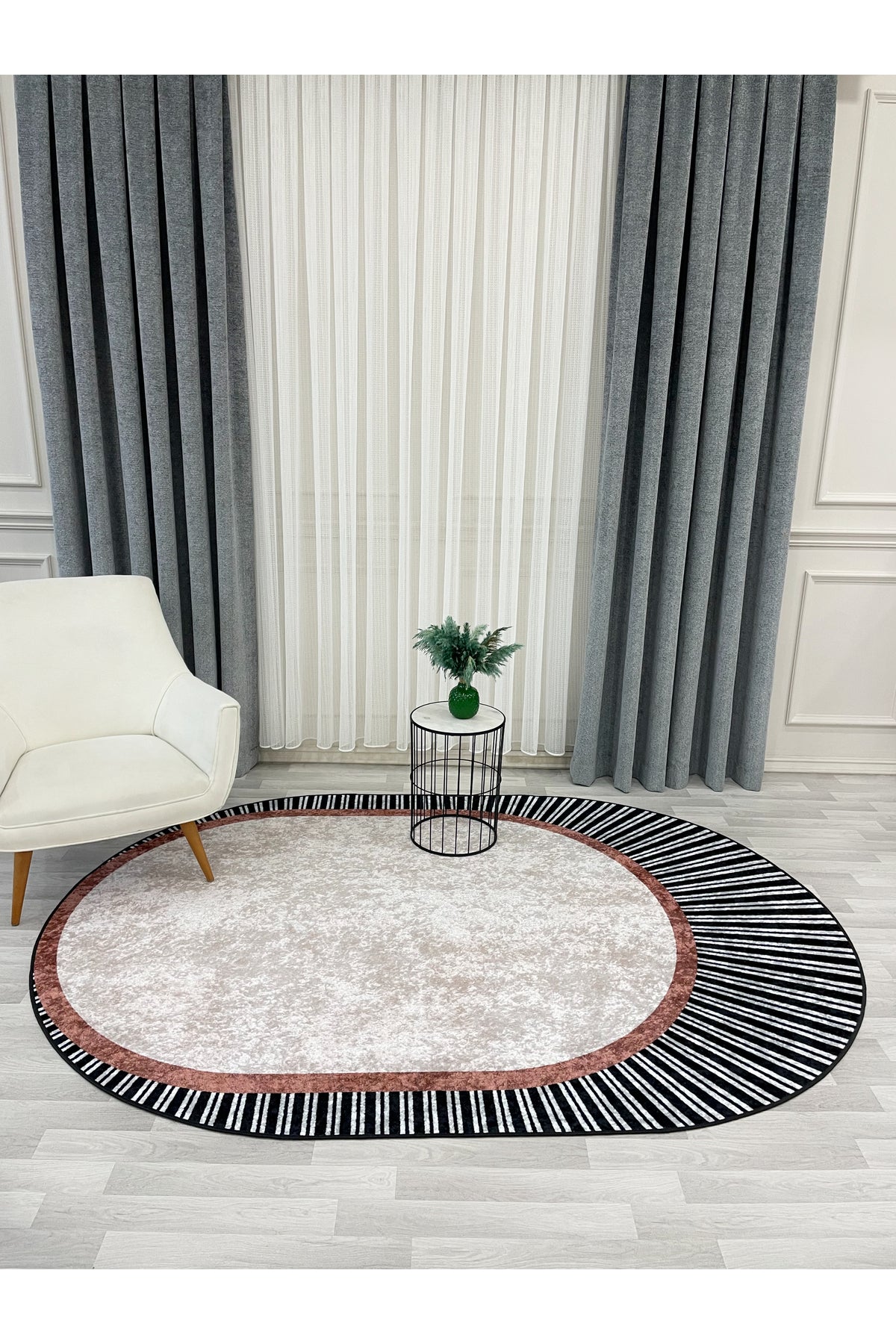 YEŞİL Renk Çizgili Oval Kaymaz Taban Halı