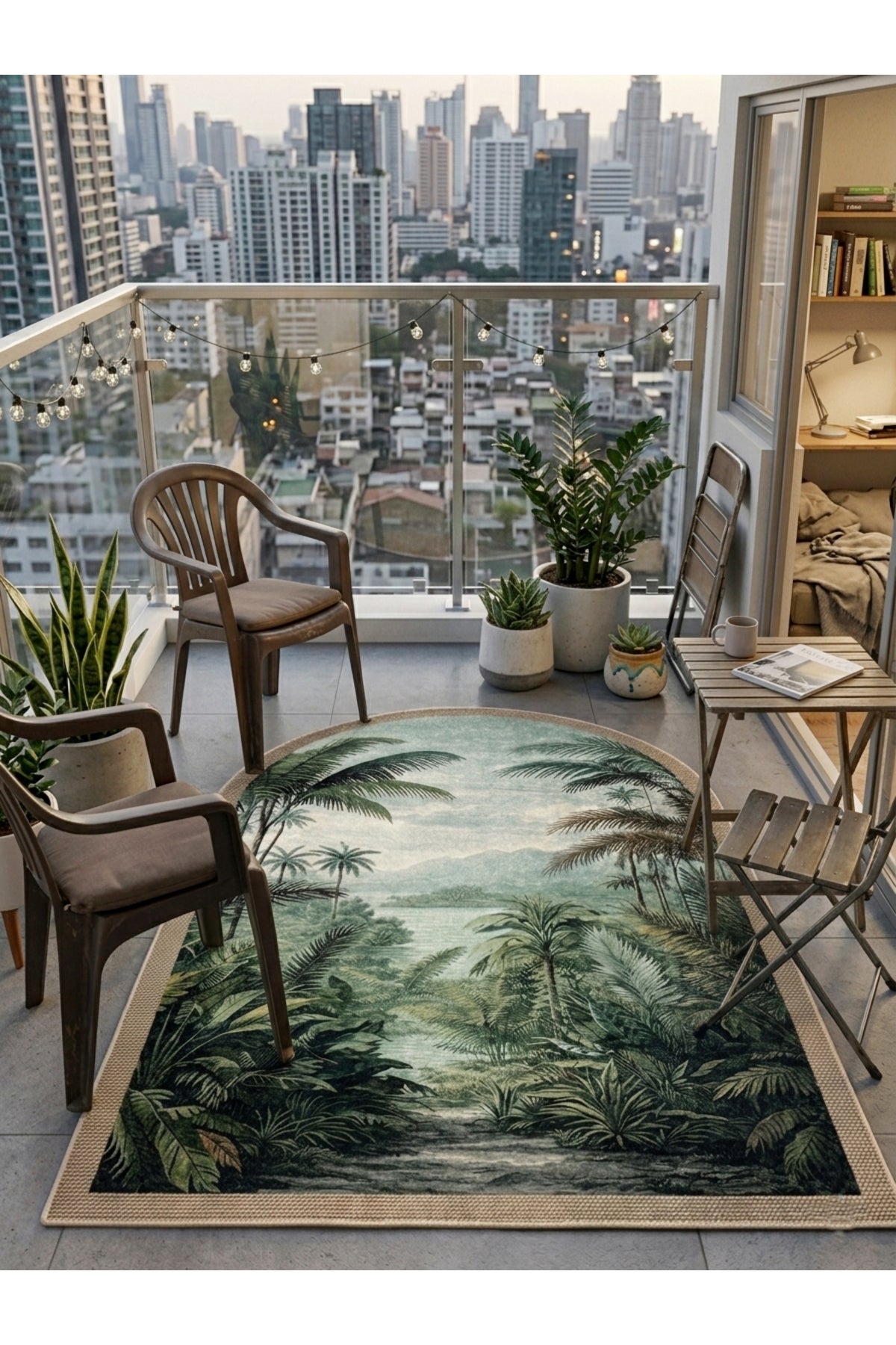 Tropikal Yağmur Ormanı Desenli Modern Lateks Taban Antre ve Balkon Halısı