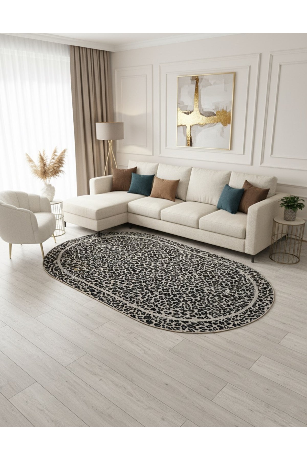 Leopar Desenli Oval Lateks Deri Halı