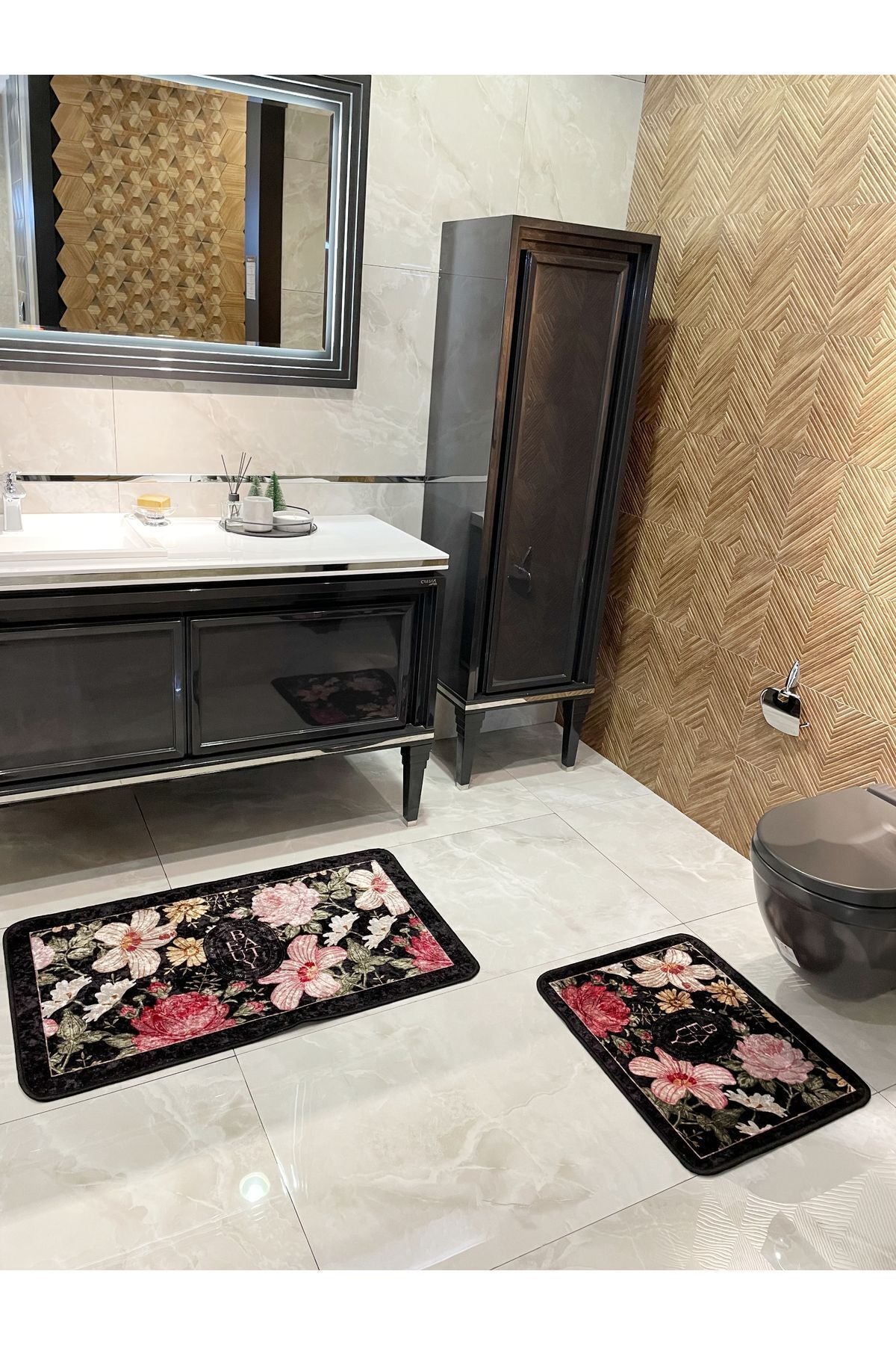 2 li Çiçek Desenli 60x100 - 60x50 Beauty Lateks Taban Banyo Paspas