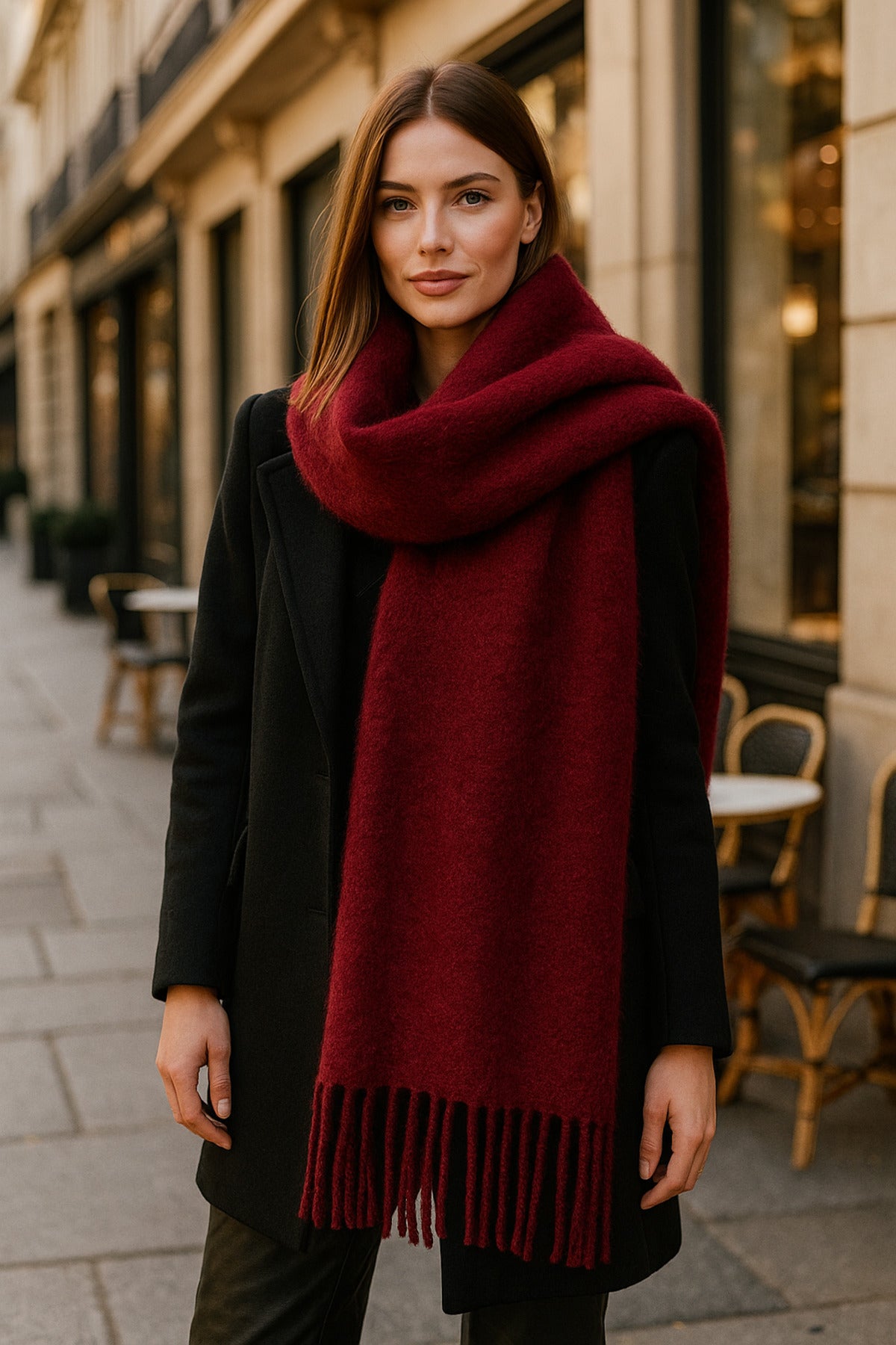 Kadın Basic Bordo Püsküllü Buklet Atkı - Şal 45x200 Cm Sal1285