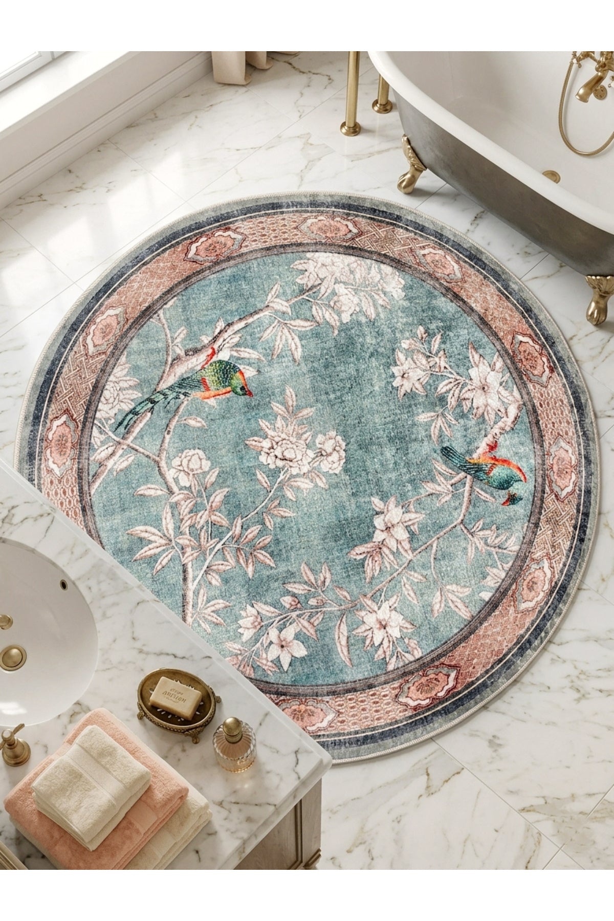 Soft Mavi Kuş Desenli Lateks Taban Oval Halı