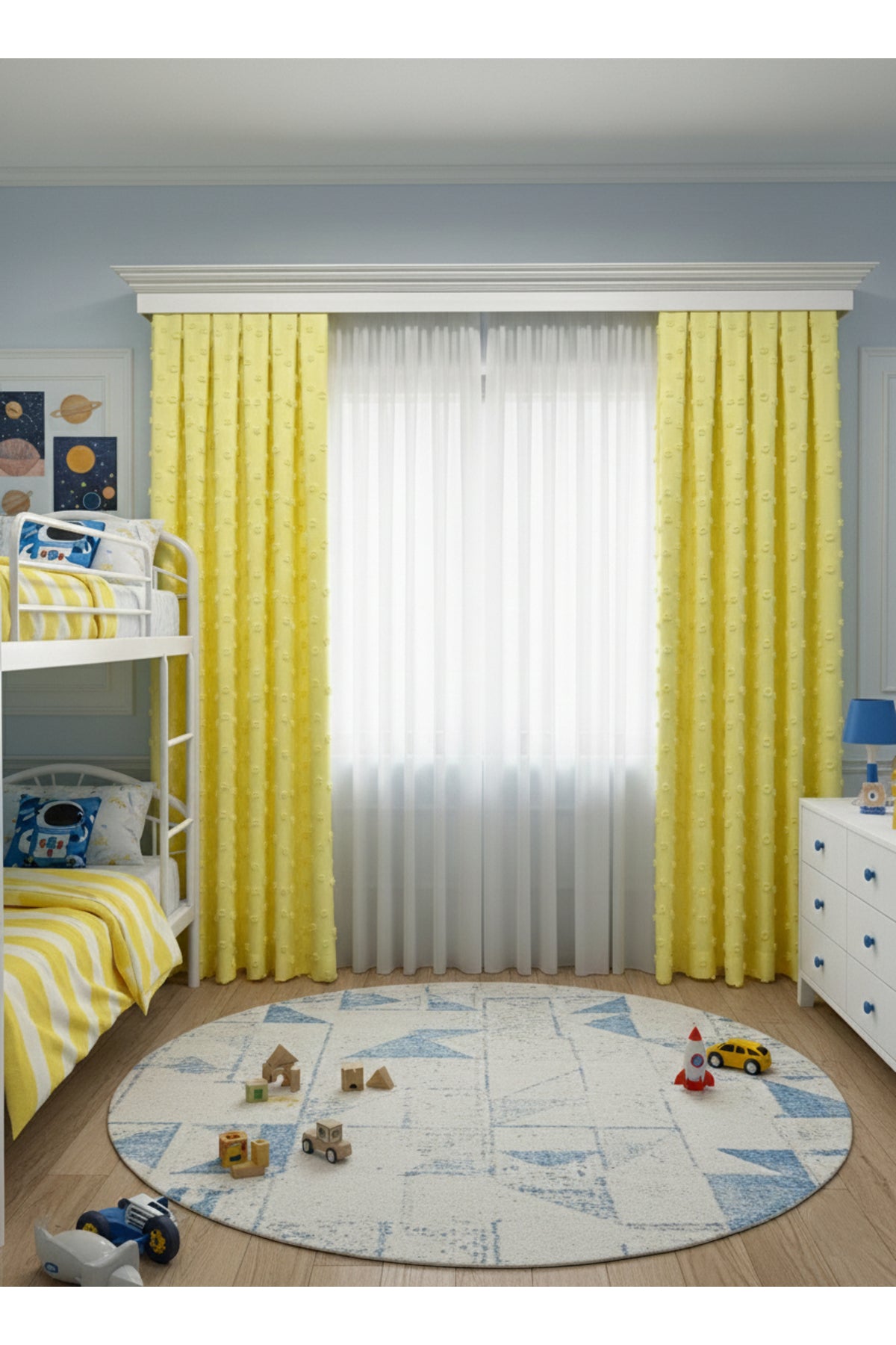 Mavi Renk Çocuk Odası Ponponlu Pufy Fon Perde 1/3 SIK Pile