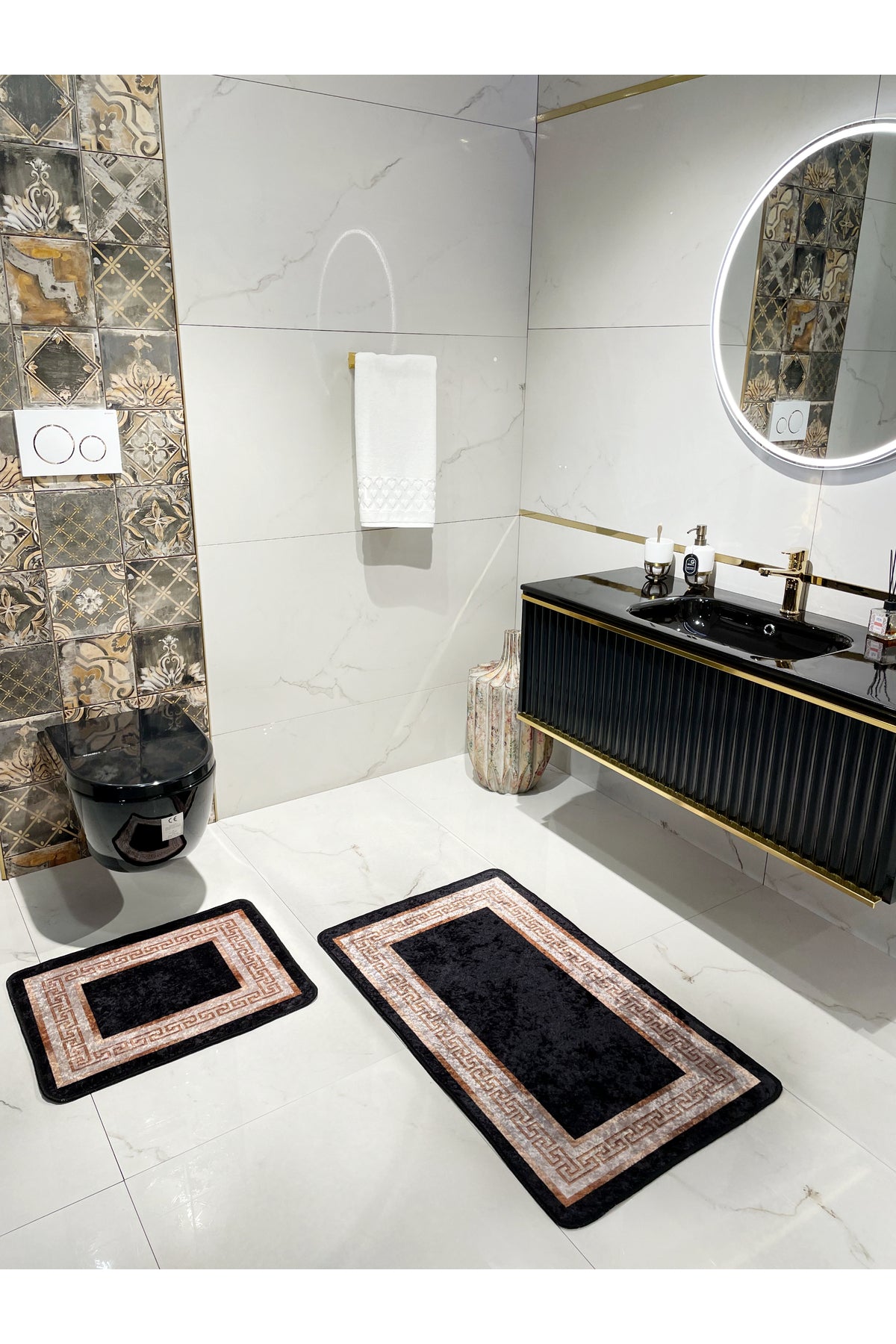 Bordürlü Desenli 2'li Lateks Deri Taban Banyo Paspas Takımı (60X100 - 60X50) Siyah