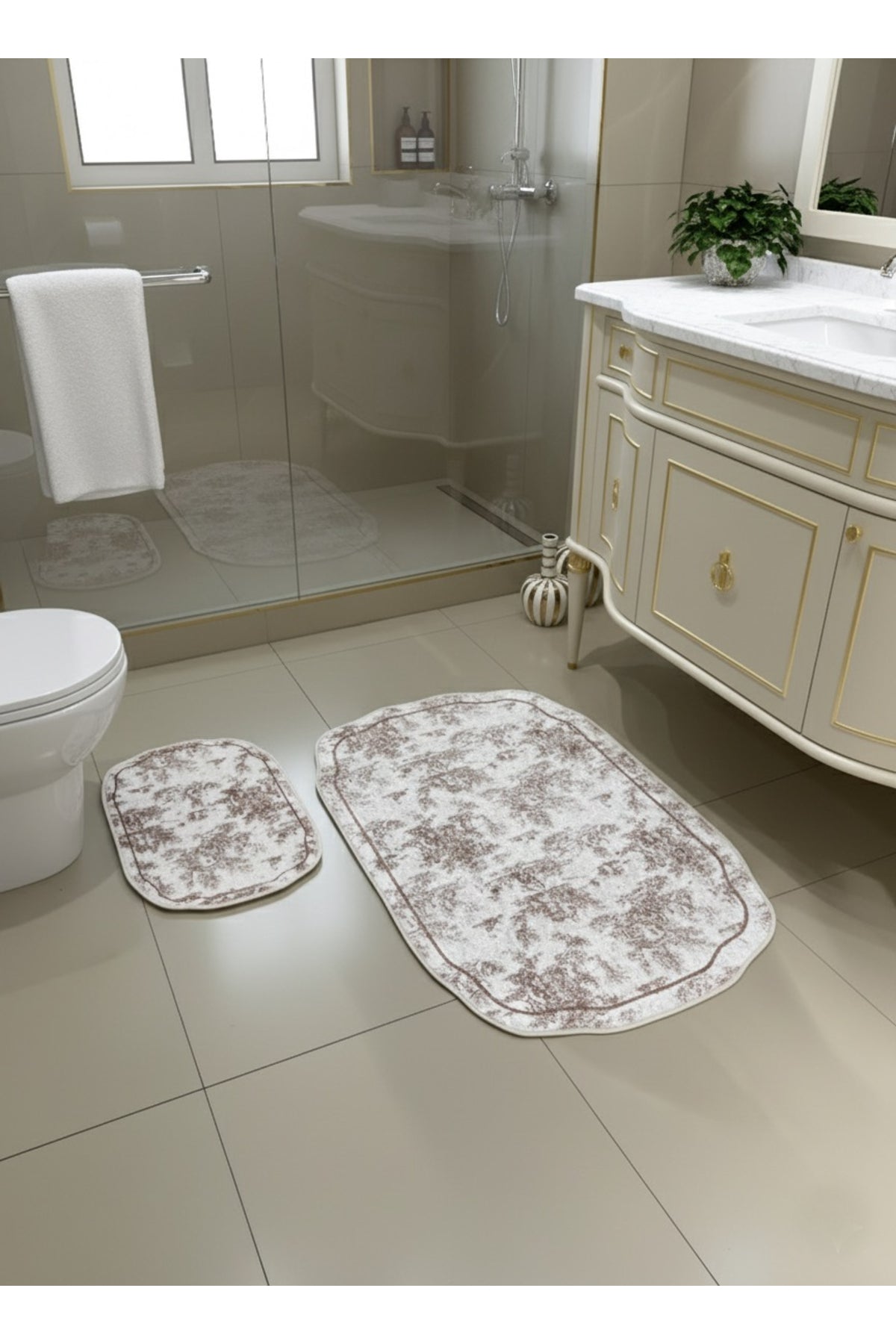 Toile de Jouy Temalı Tekli Lateks Taban Banyo Paspası (80X120)