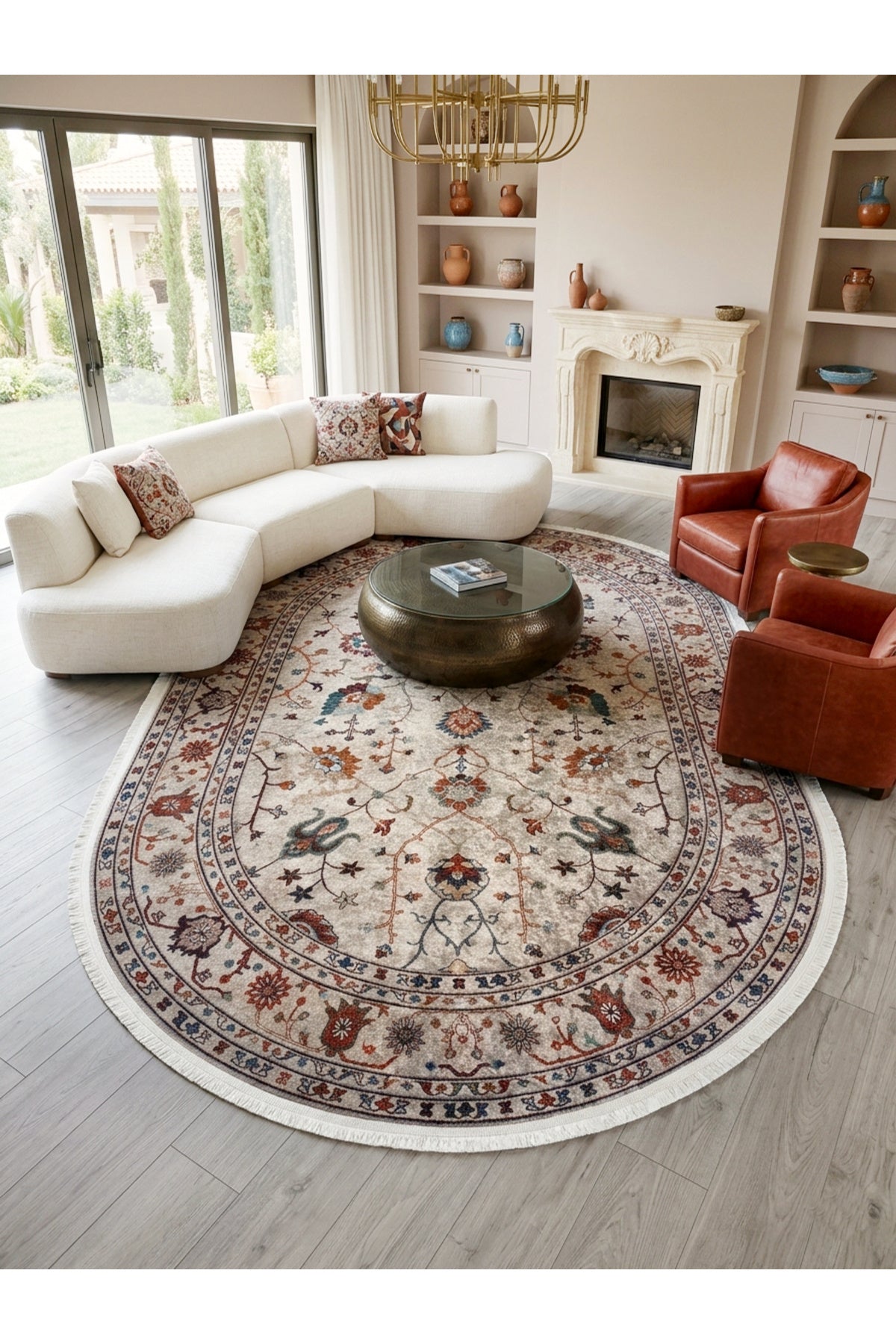 Gri Renk Vintage Çiçekli Oval Lateks Kaymaz Taban Halı