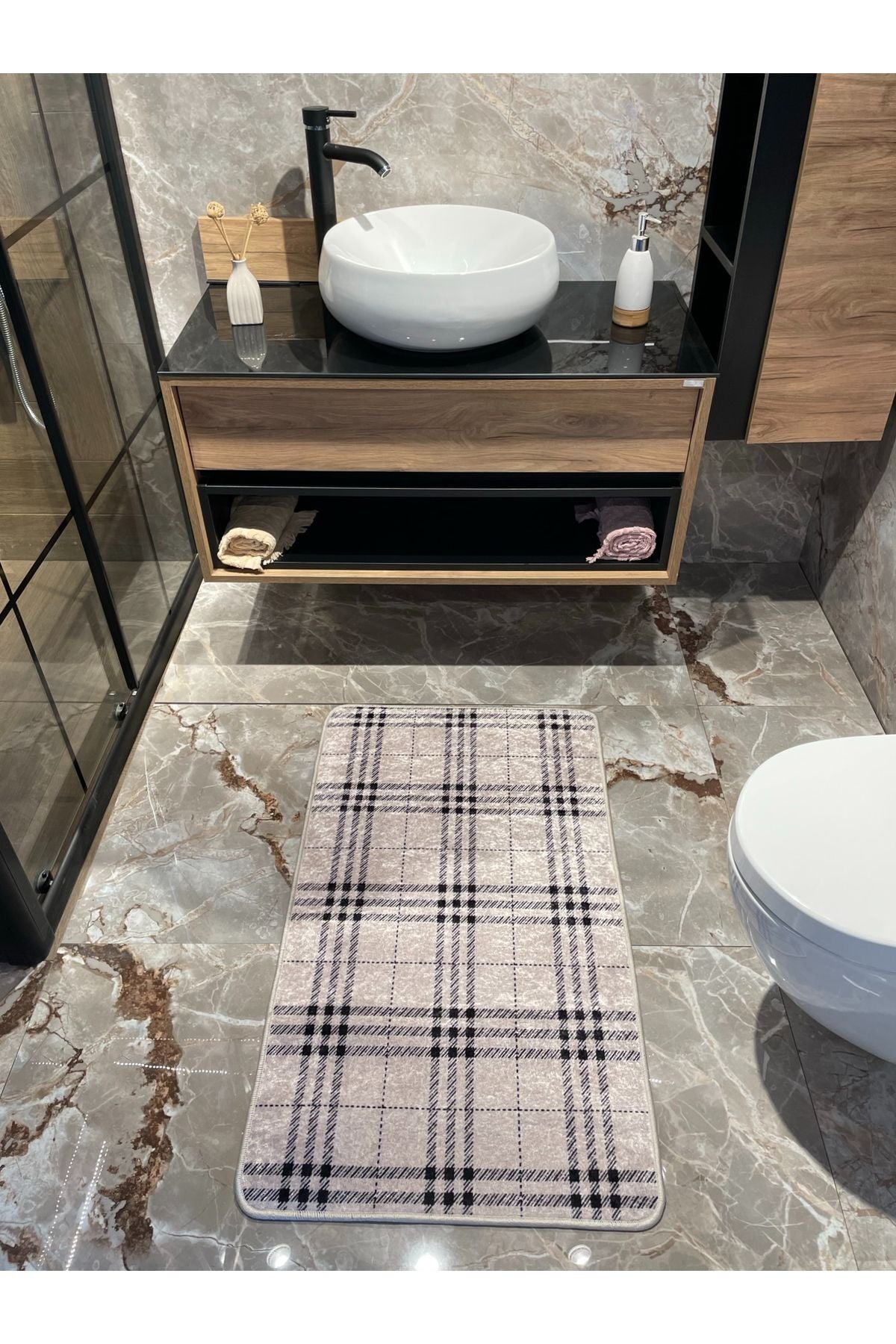 Tekli Ekose Desen Banyo Paspası - Bej (60X100 Ölçü)