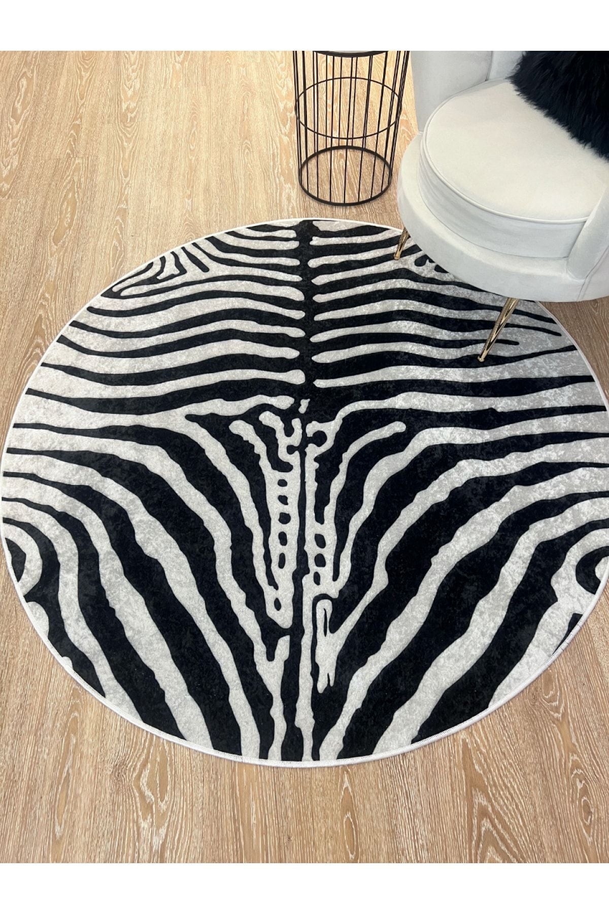Zebra Desenli Yuvarlak Siyah - Gri Dekoratif Halı