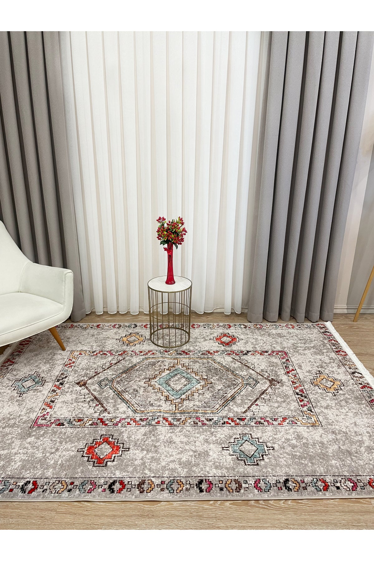 BEJ Renk Etnik Kilim Desen Yolluk Kaymaz Taban Halı