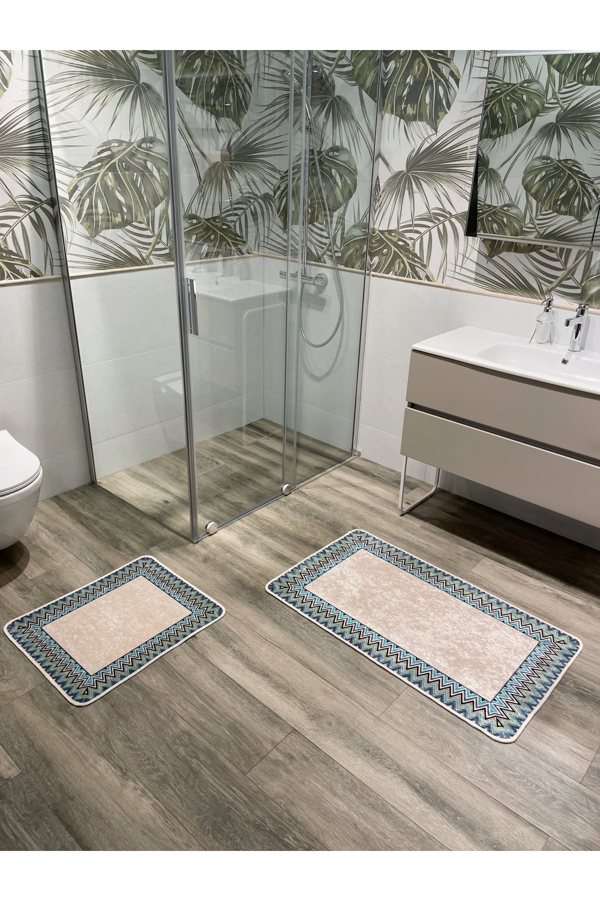 Mint Yeşil - Zigzag Desenli Deri Taban 2 li Banyo Paspas (60x100 - 60x50)