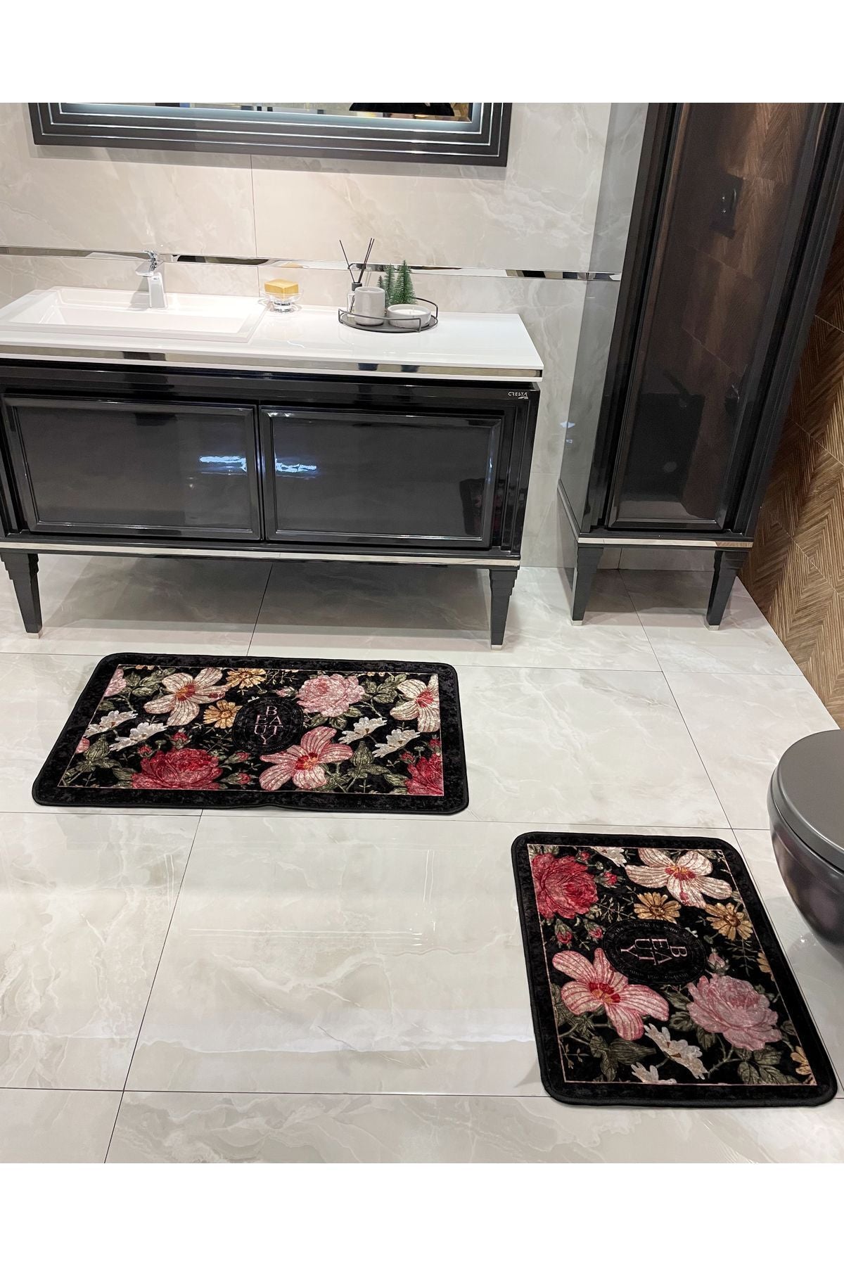 2 li Çiçek Desenli 60x100 - 60x50 Beauty Lateks Taban Banyo Paspas