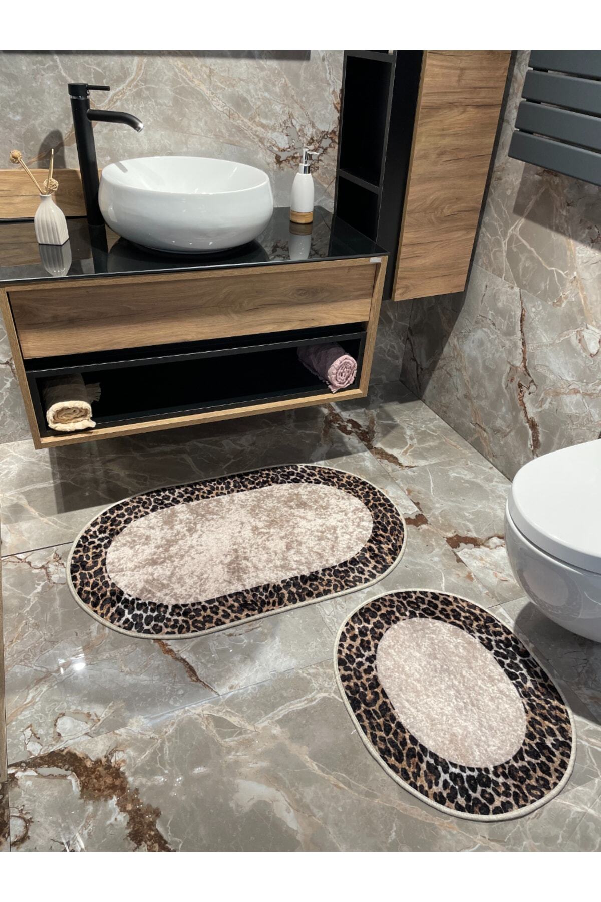2 'li Leopar Desen Banyo Paspası - Kahverengi Ebat (60X100 - 60X50)