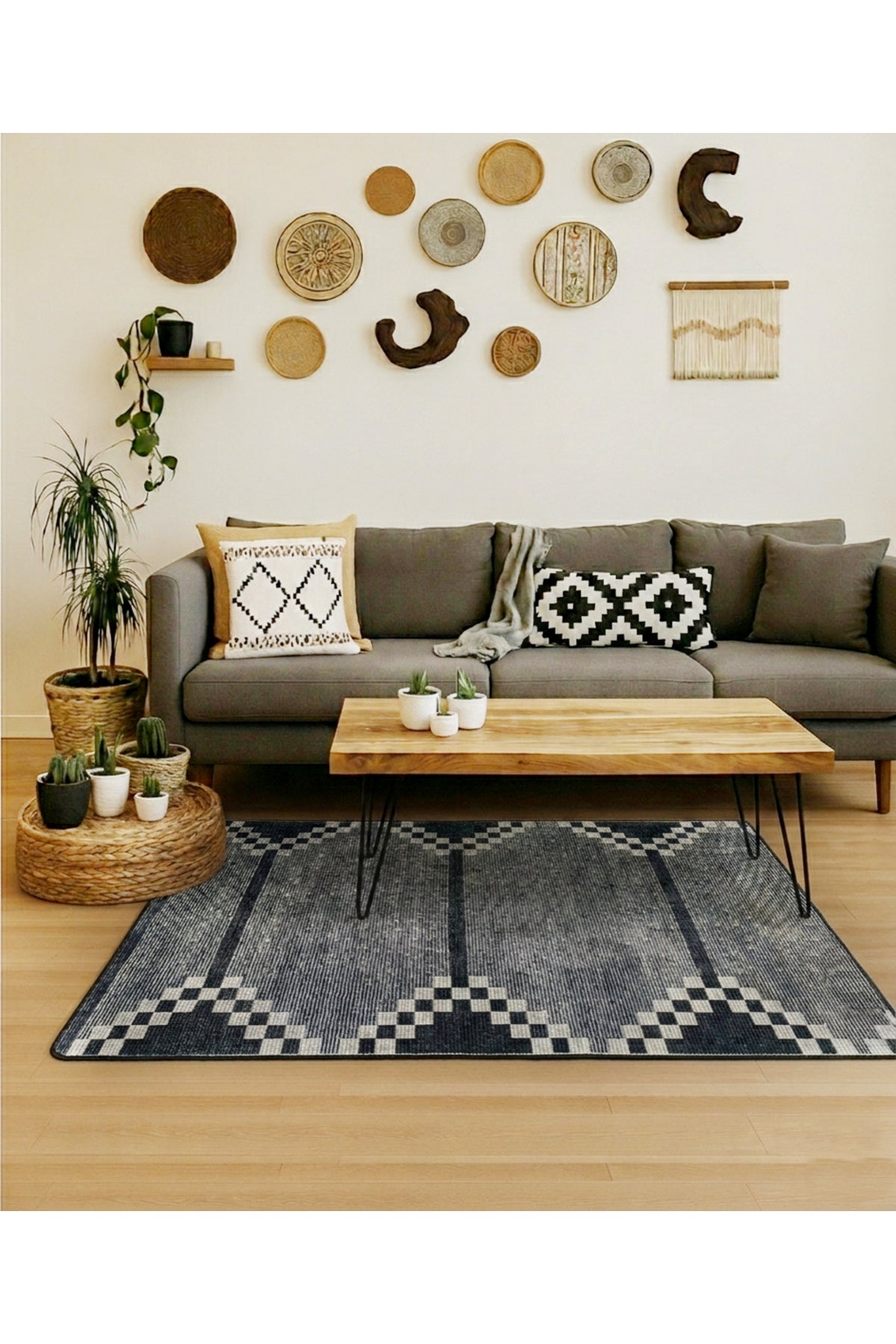 Geometrik Desen Siyah Renk Kaymaz Taban Yolluk - Mutfak Halısı