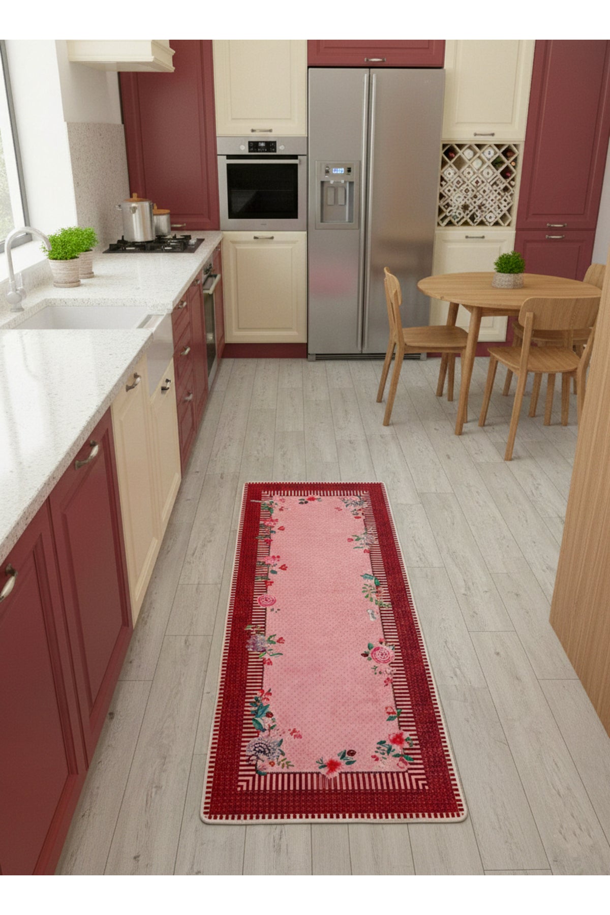 Pip Tarzı Çiçek Desenli Açık Gri Renk Lateks Deri Taban Mutfak Halısı