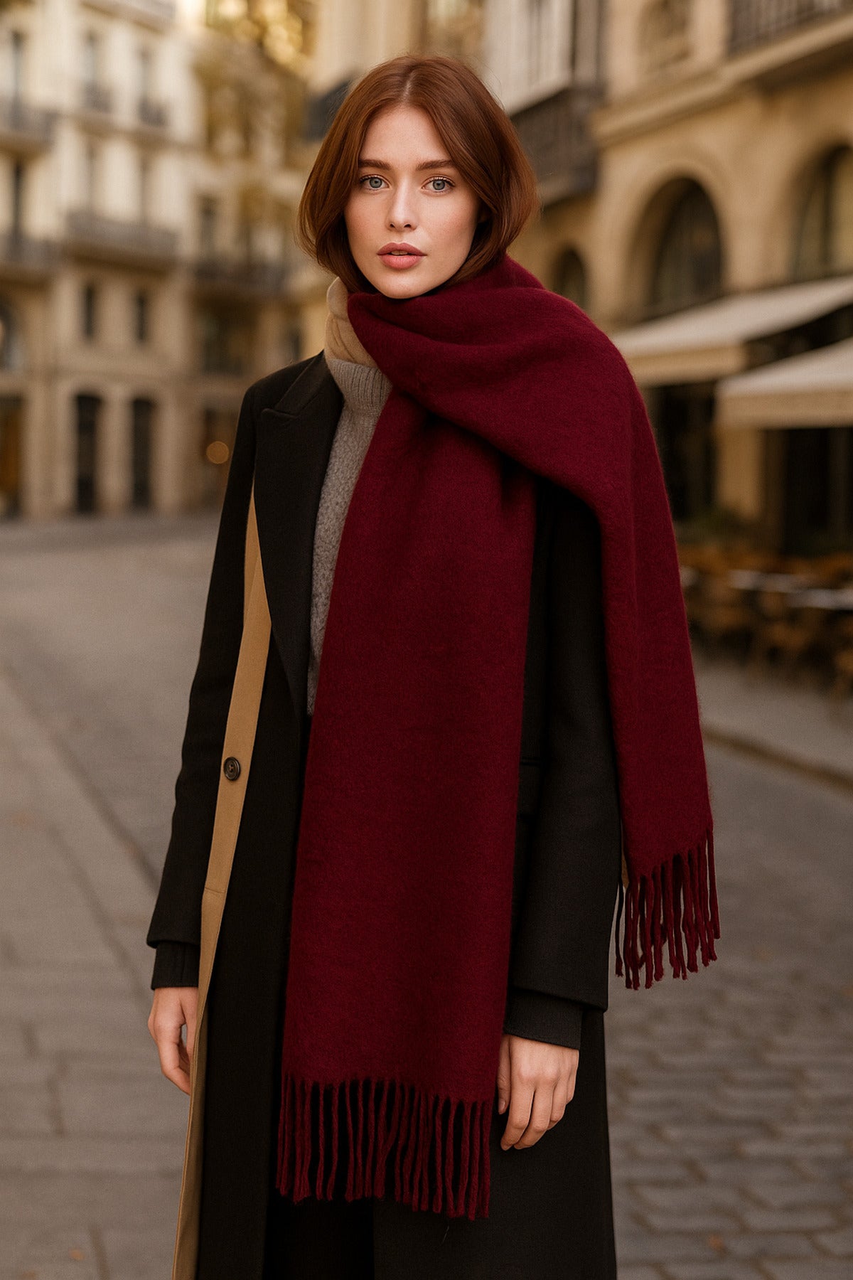 Kadın Basic Bordo Püsküllü Buklet Atkı - Şal 45x200 Cm Sal1285