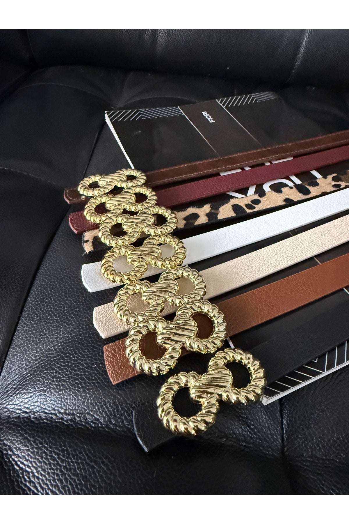 Burgu Gold Tokalı İnce Leopar Kadın Kemeri, Ceket Kemeri, Gömlek Kemeri, Elbise Kemeri