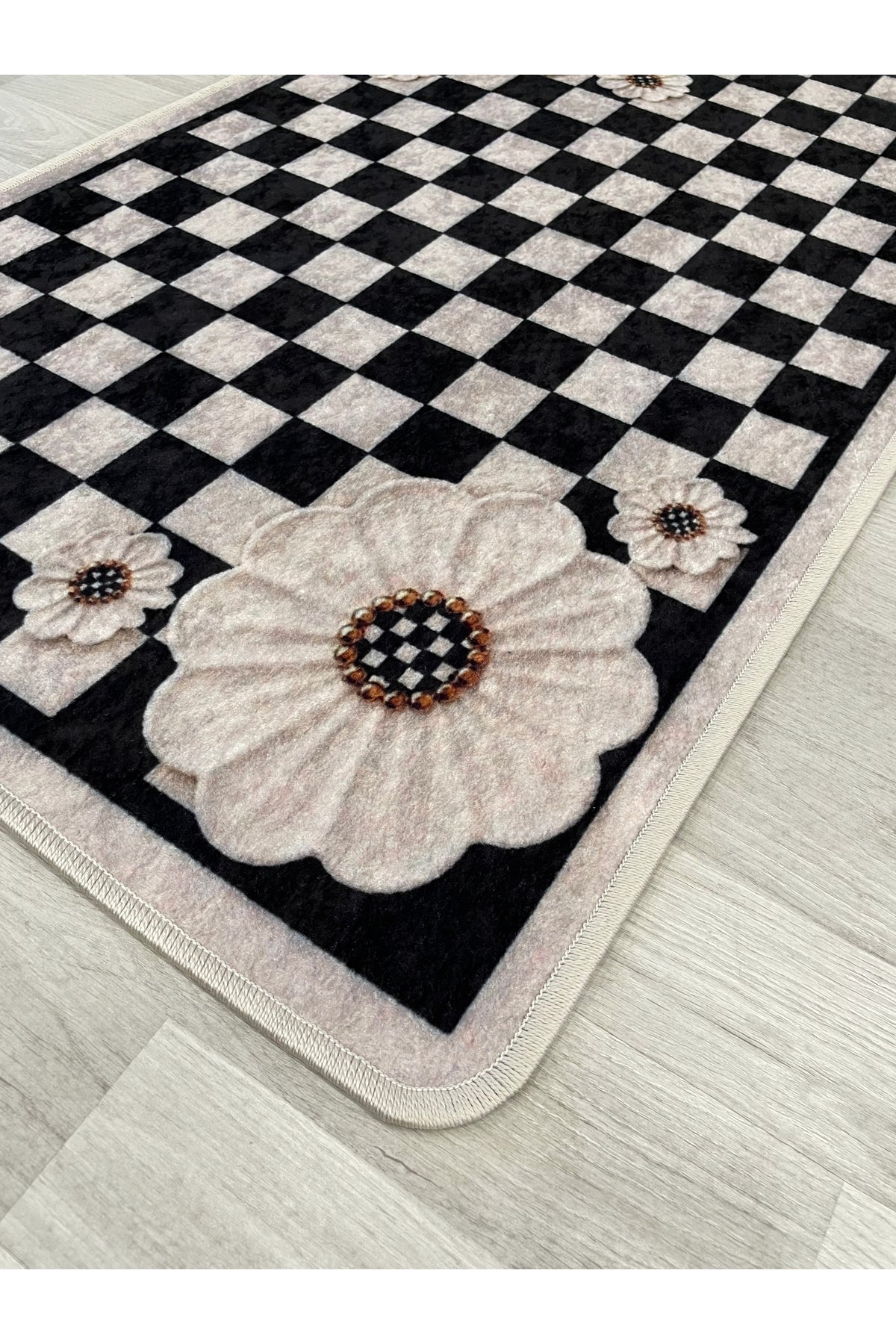 Damalı Çiçek Desenli Lateks Taban 2'li Banyo Paspası (60x100-60x50)