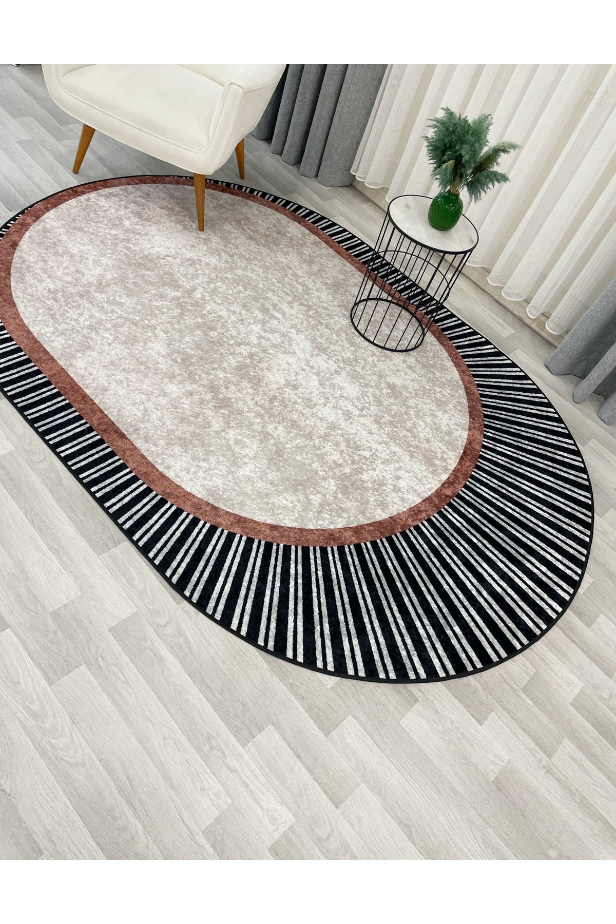 YEŞİL Renk Çizgili Oval Kaymaz Taban Halı