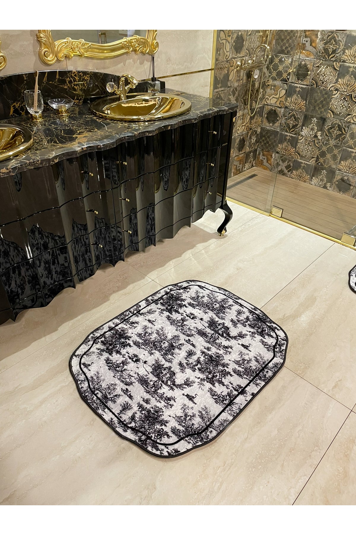 Toile de Jouy Temalı Tekli Lateks Taban Banyo Paspası (80X120)