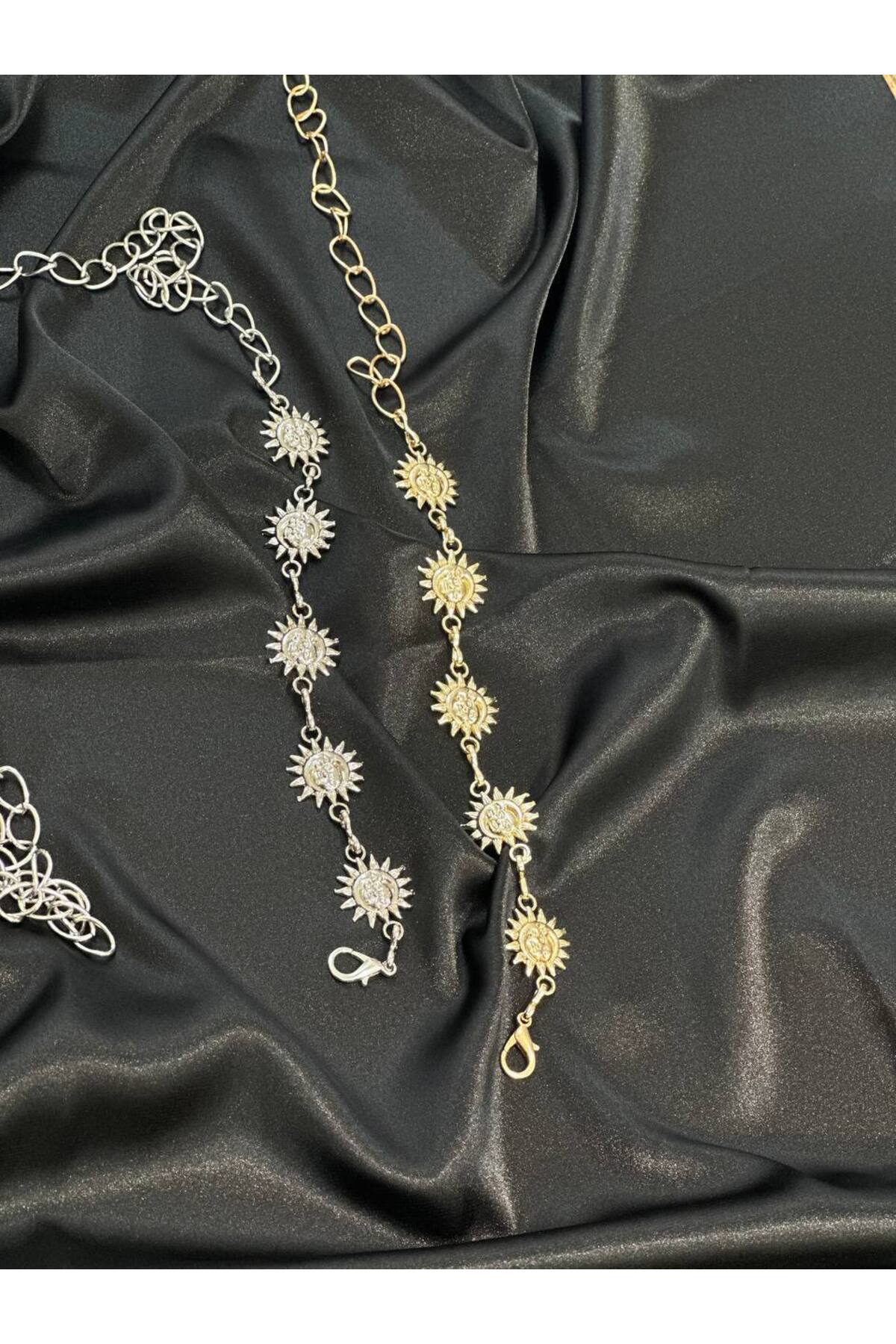Güneş Gold Ve Gümüş Detaylı Kadın Bel Zinciri Bel Kemeri,Elbise Kemeri,Etek Kemeri,Pantolon Kemeri
