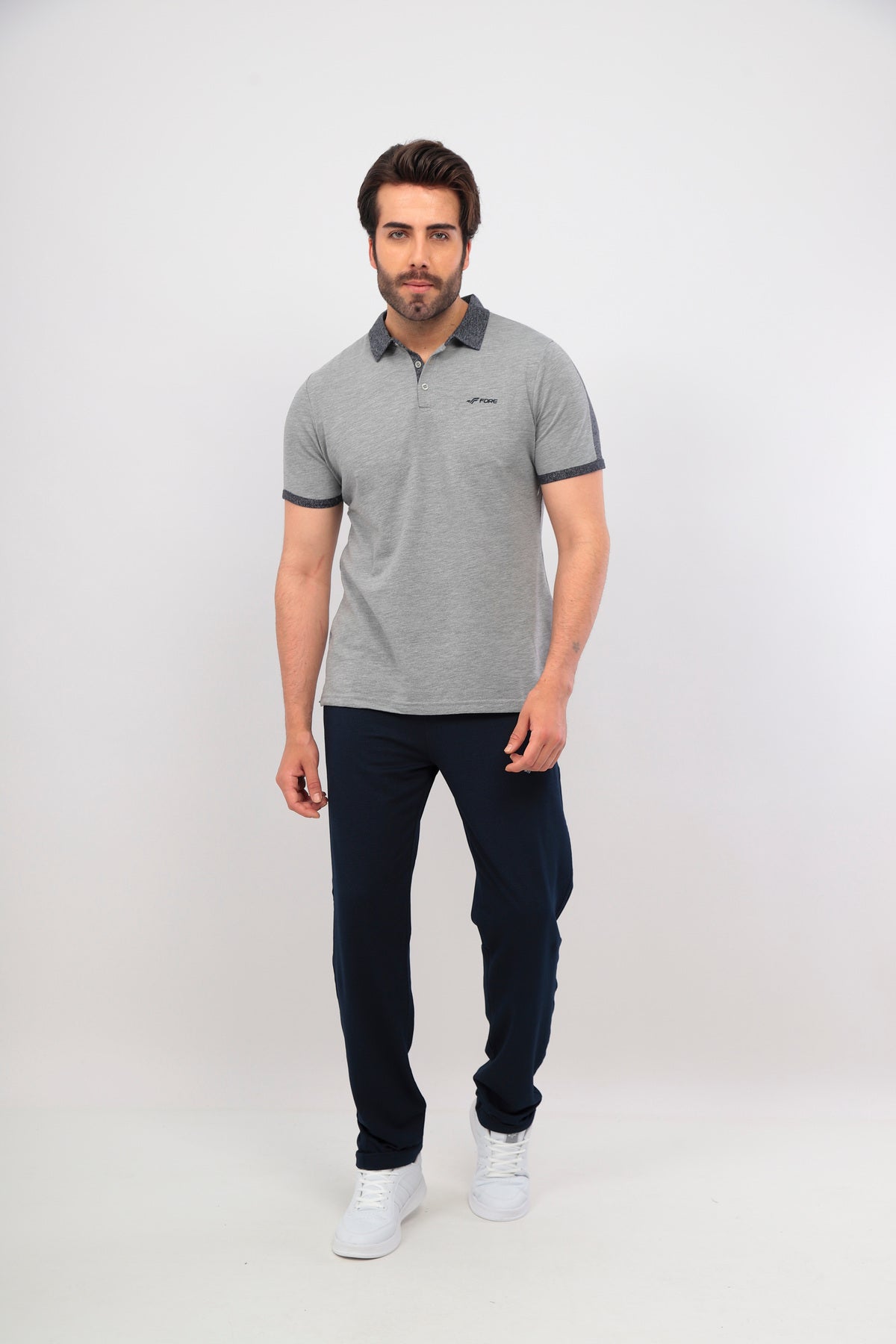 Erkek Gri Melanj Lacivert Polo Yaka T-shirt Takım