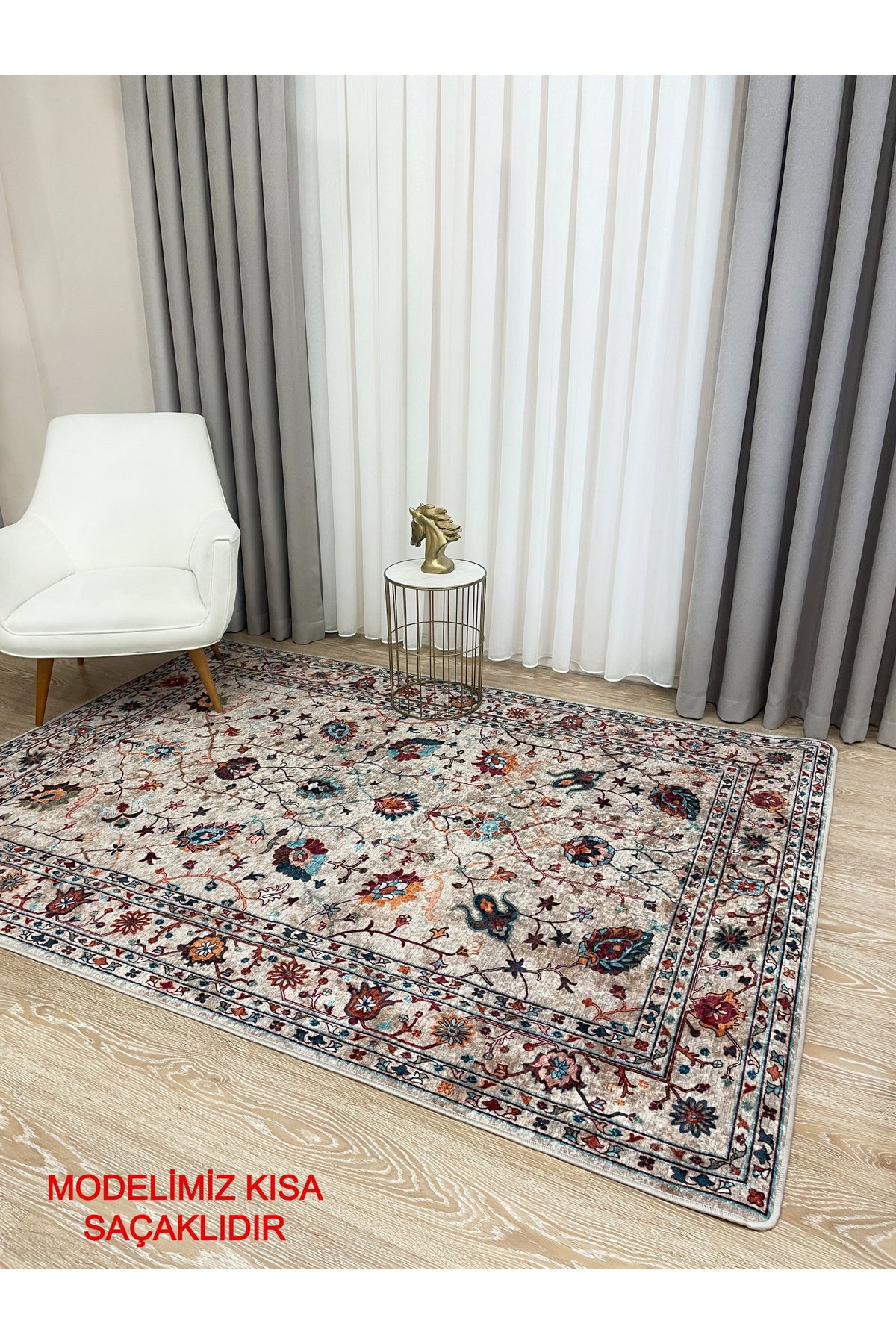 Gri Renk Vintage Çiçekli Oval Lateks Kaymaz Taban Halı