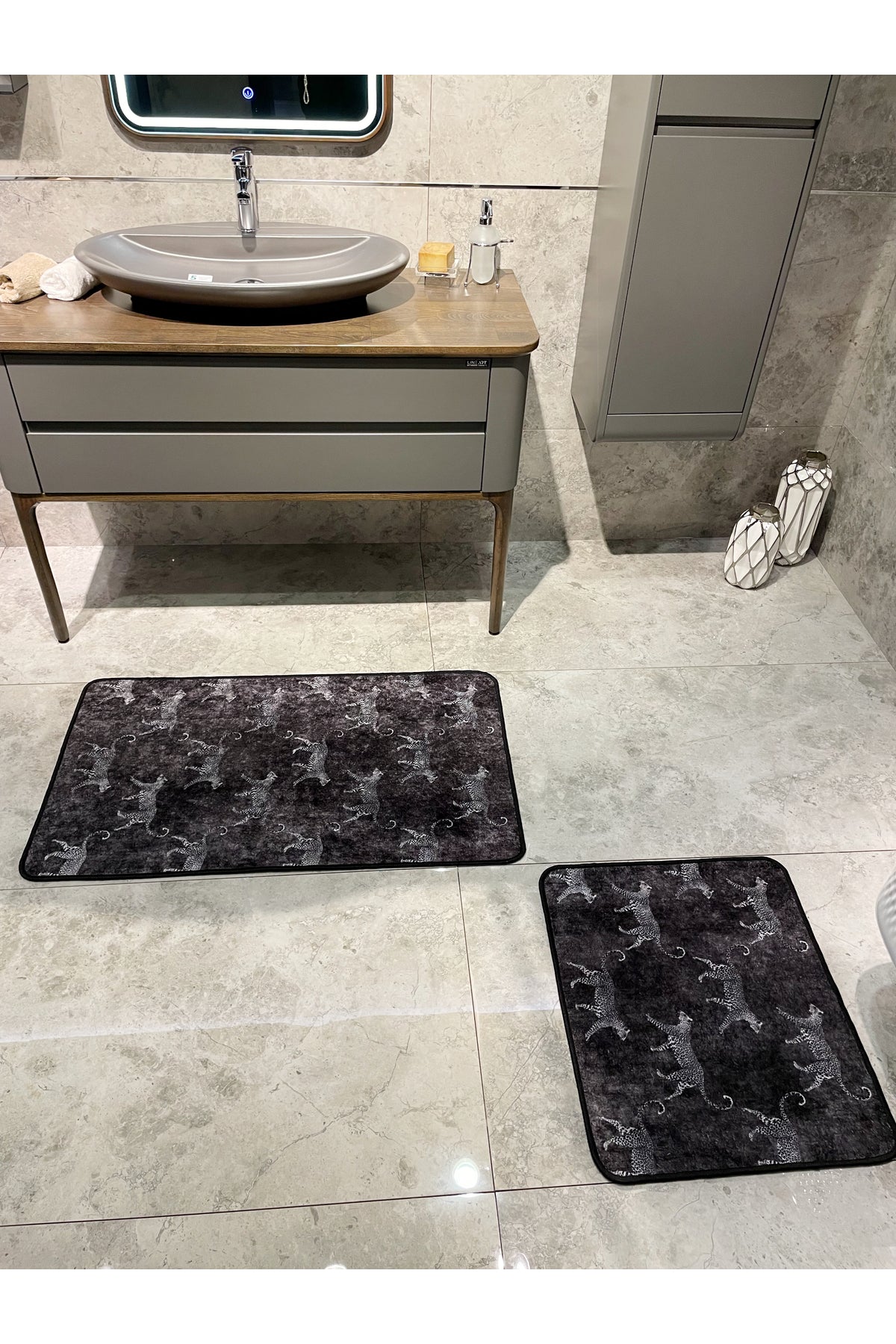 2'li Lateks Deri Taban Banyo Paspas Takımı (60X100 - 60X50) KoyuGri