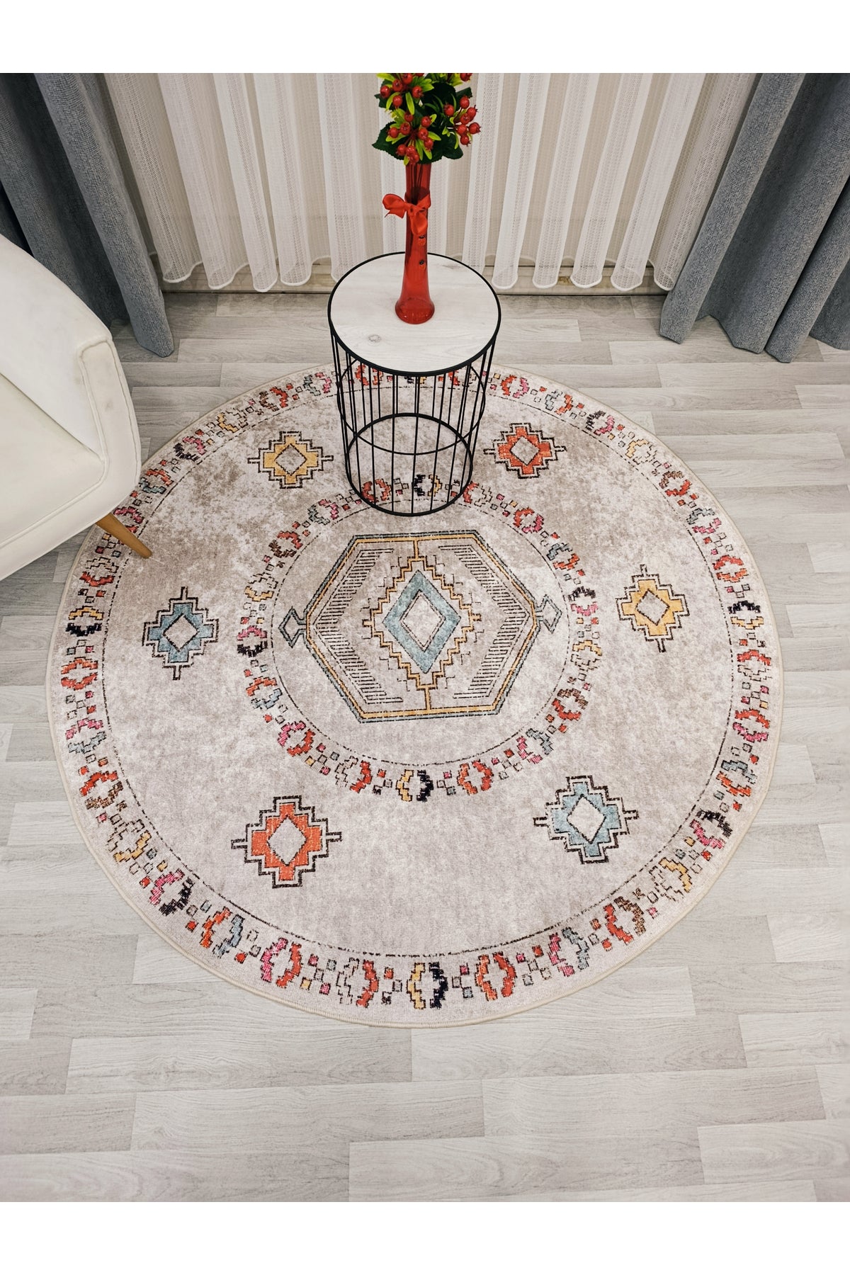 BEJ Renk Etnik Kilim Desen Kaymaz Taban Halı