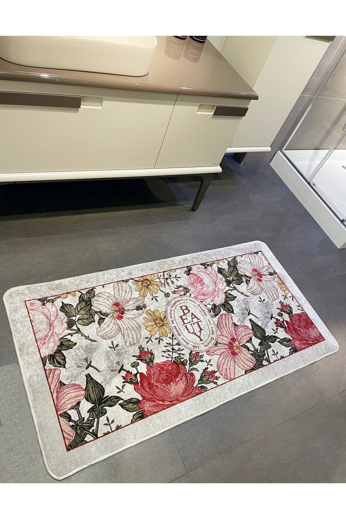 Tekli Çiçek Desenli Beauty Lateks Taban Banyo Paspas (EBAT 50X100)