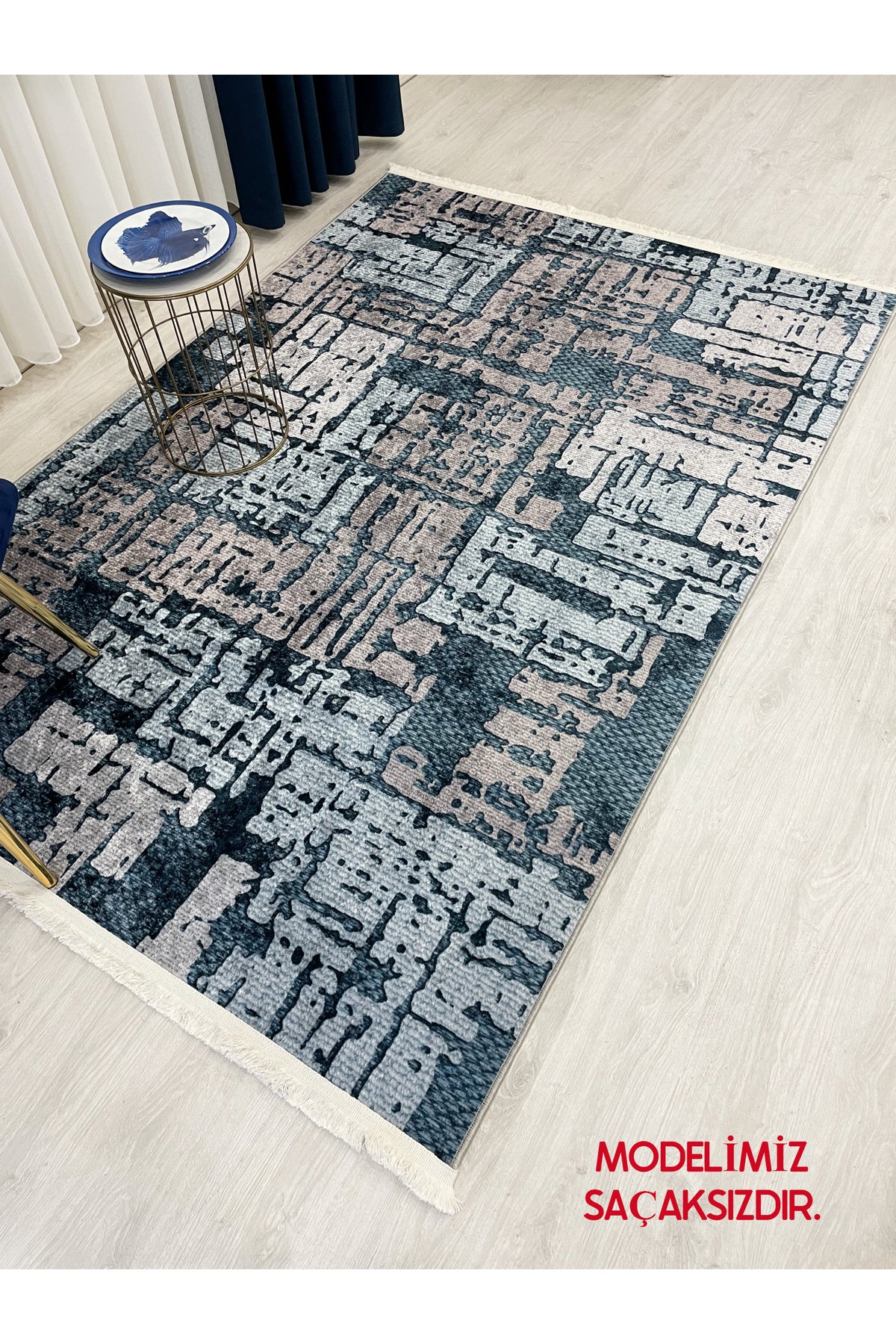 Bej-Mavi Renk Abstract Desen Dokulu Görünümlü Lateks Deri Taban Halı