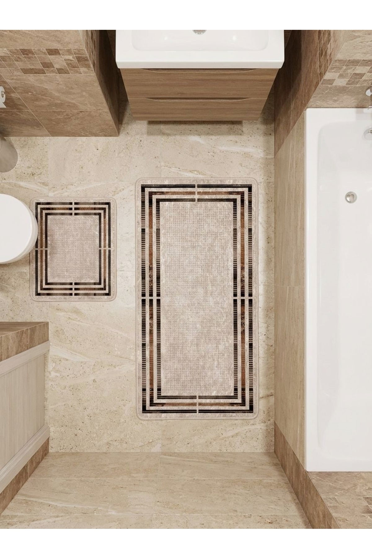Bej Renk Çizgi Desenli 2 li Deri Taban Banyo Paspas (60x100 - 60x50)